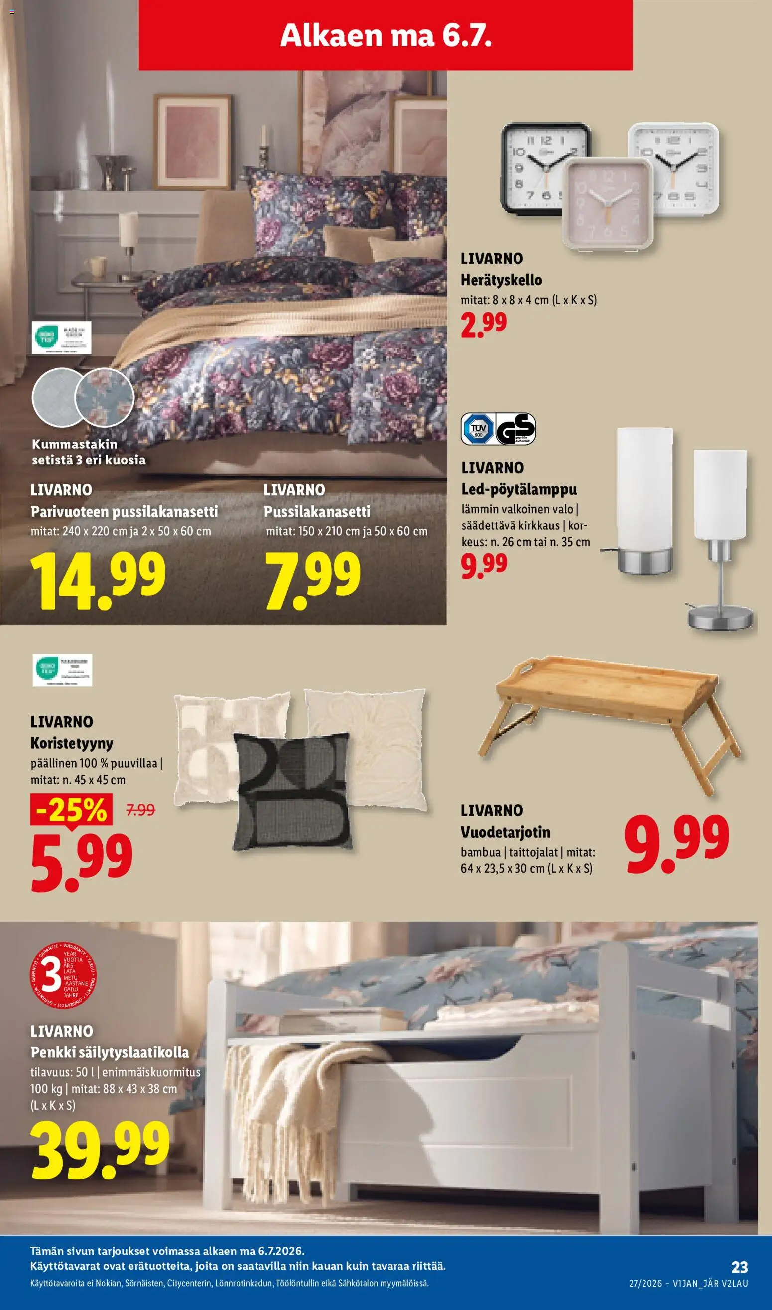 Lidl tarjoukset - Rovaniemi – voimassa 02/07/2026 alkaen | Sivu: 32 | Tuotteet: Pussilakanasetti, Koristetyyny, Penkki, Herätyskello