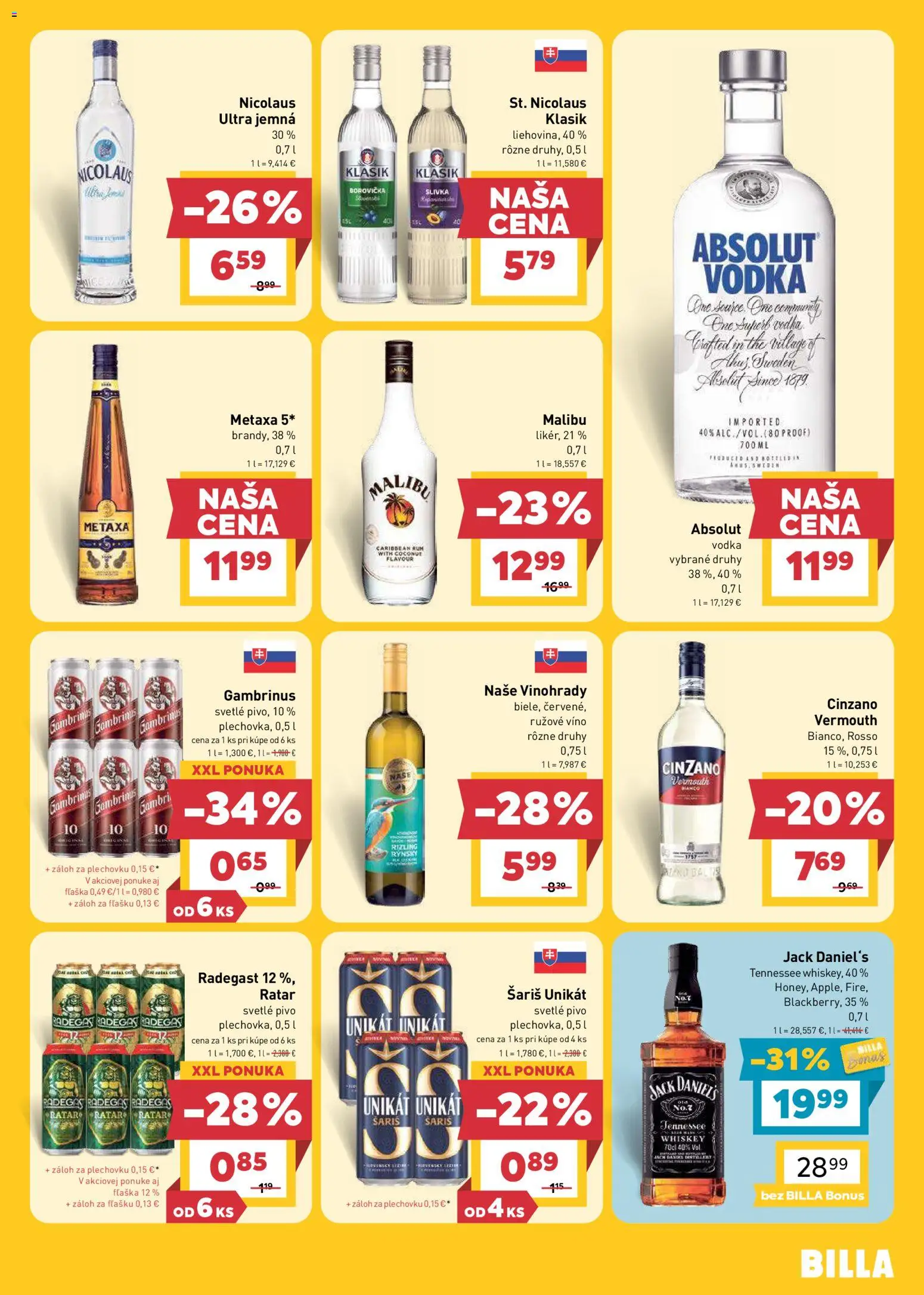 Nové Billa akcie – leták je platný od 26.08.2026 | Strana: 23 | Produkty: Rúžové víno, Šariš, Absolut vodka, Rum