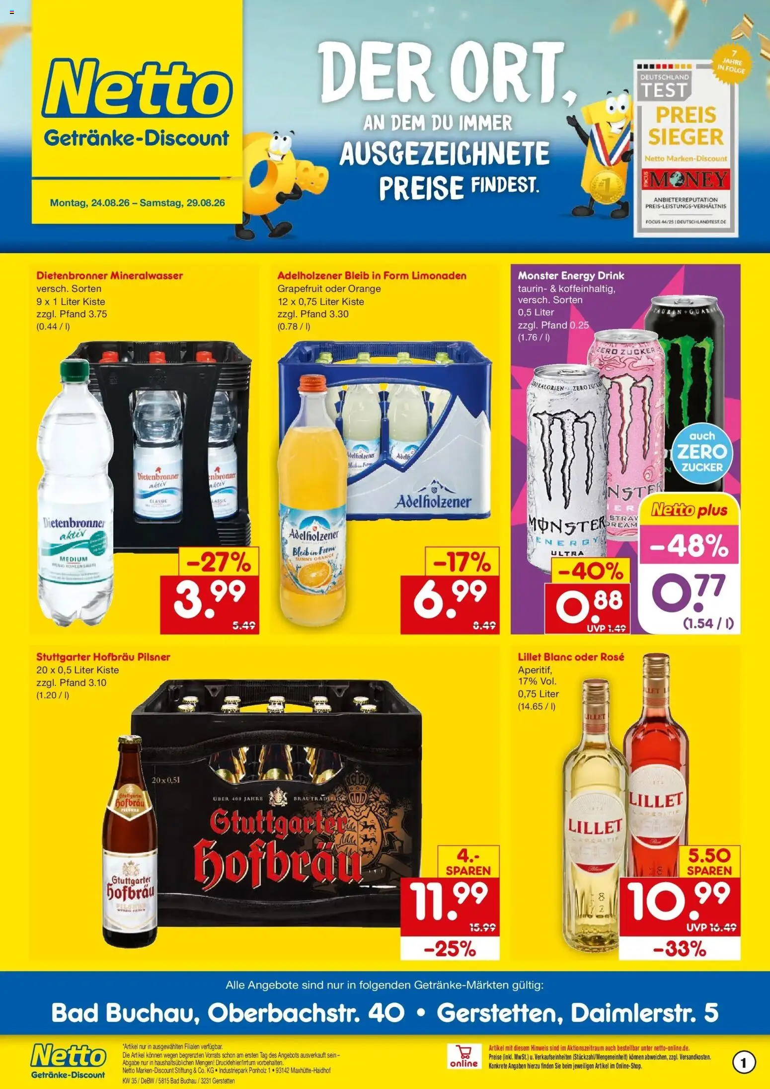 Netto Marken-Discount Prospekt Bad Buchau – gültig ab 24.08.2026 | Seite: 1 | Produkte: Bad, Mineralwasser, Monster, Zucker