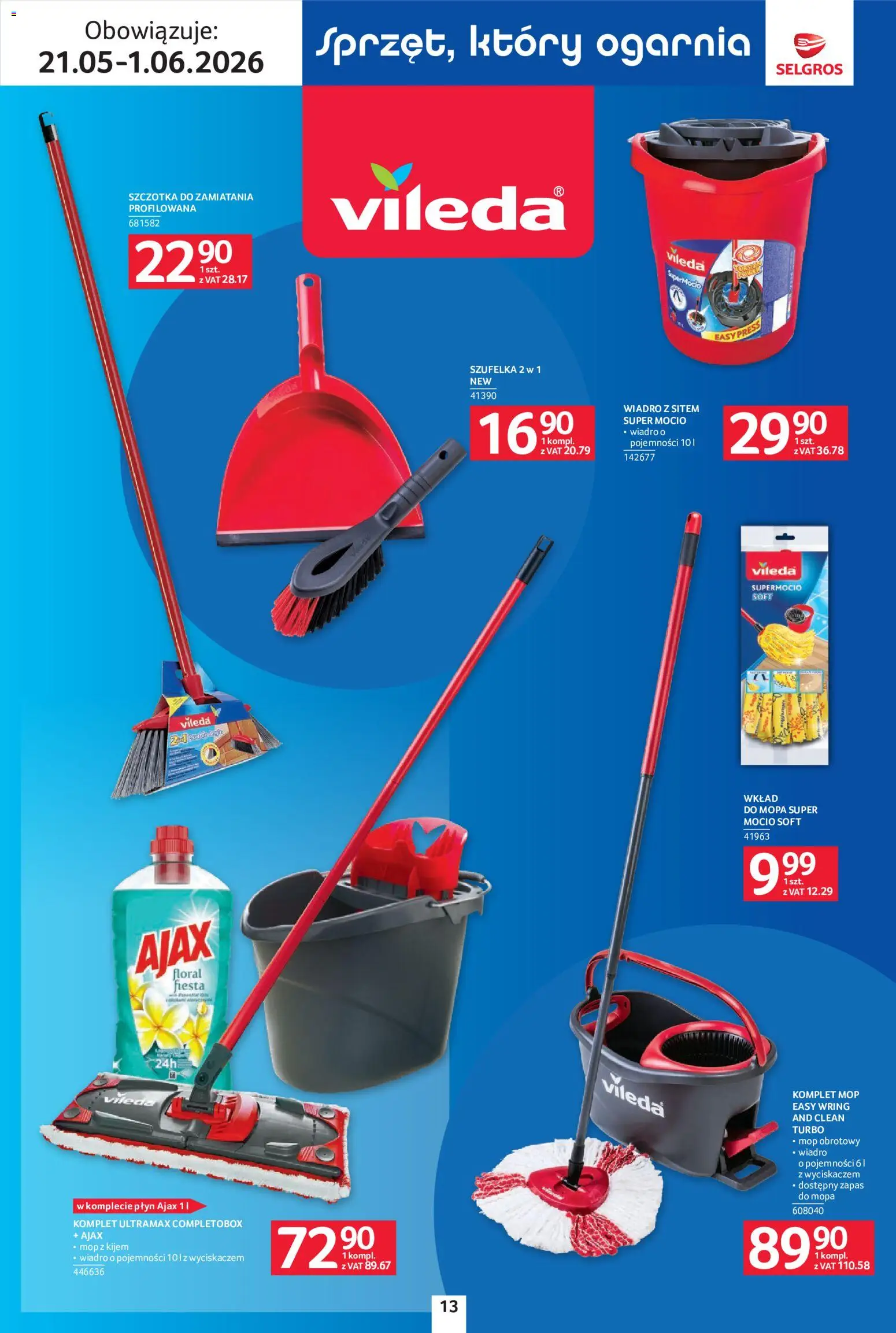 Selgros cash&carry gazetka - Sprzątanie od 21.05.2026 | Strona: 13 | Produkty: Szczotka, Mop obrotowy, Vileda