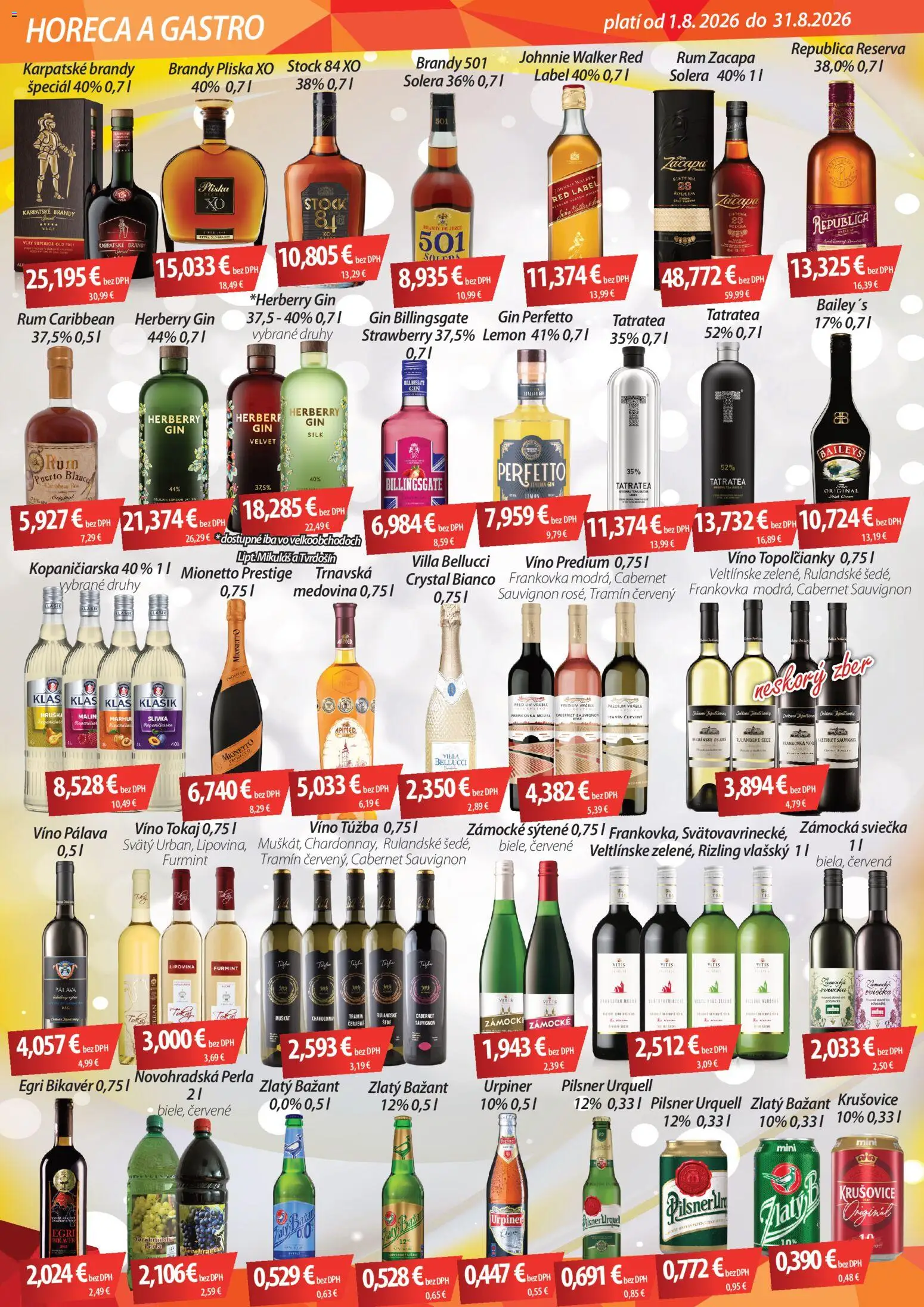 Nové CBA Verex akcie – leták je platný od 01.08.2026 | Strana: 2 | Produkty: Pilsner Urquell, Prosecco, Karpatské brandy, Krušovice
