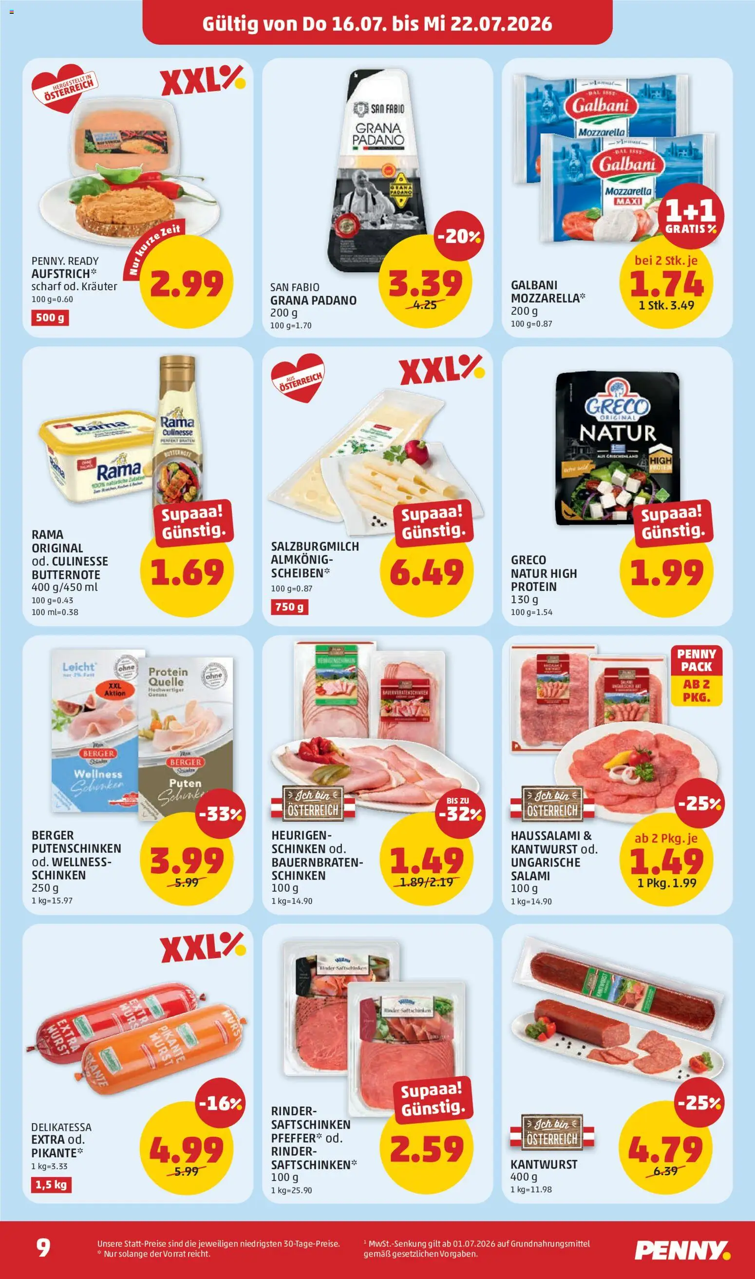Penny Markt Flugblatt gültig ab 16.07.2026 | Seite: 9 | Produkte: Wurst, Zutaten, Salami, Schinken