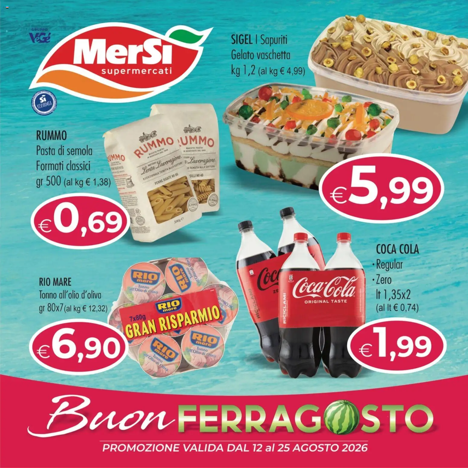 Volantino MerSi Supermercati del 12/08/2026 | Pagina: 1 | Prodotti: Rummo, Gelato, Semola, Coca Cola