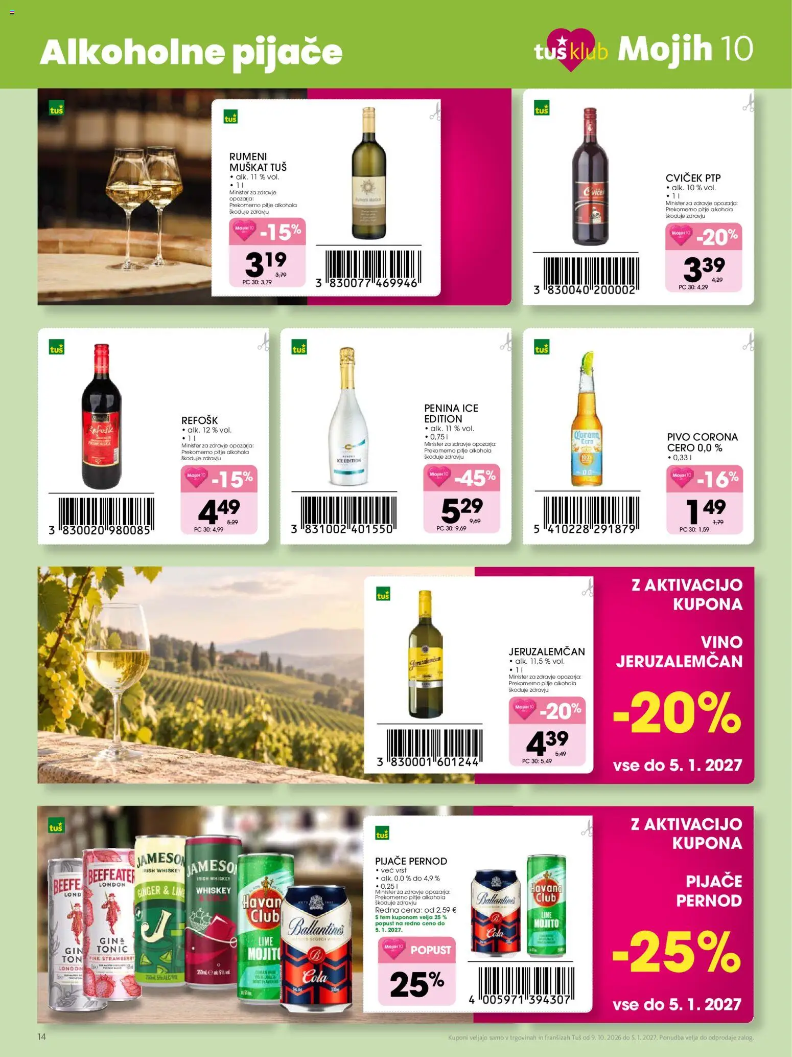 Novi Tuš katalog ponudbe – veljaven od 09.10.2026 | Stran: 14 | Izdelki: Penina, Vino, Pivo, Gin