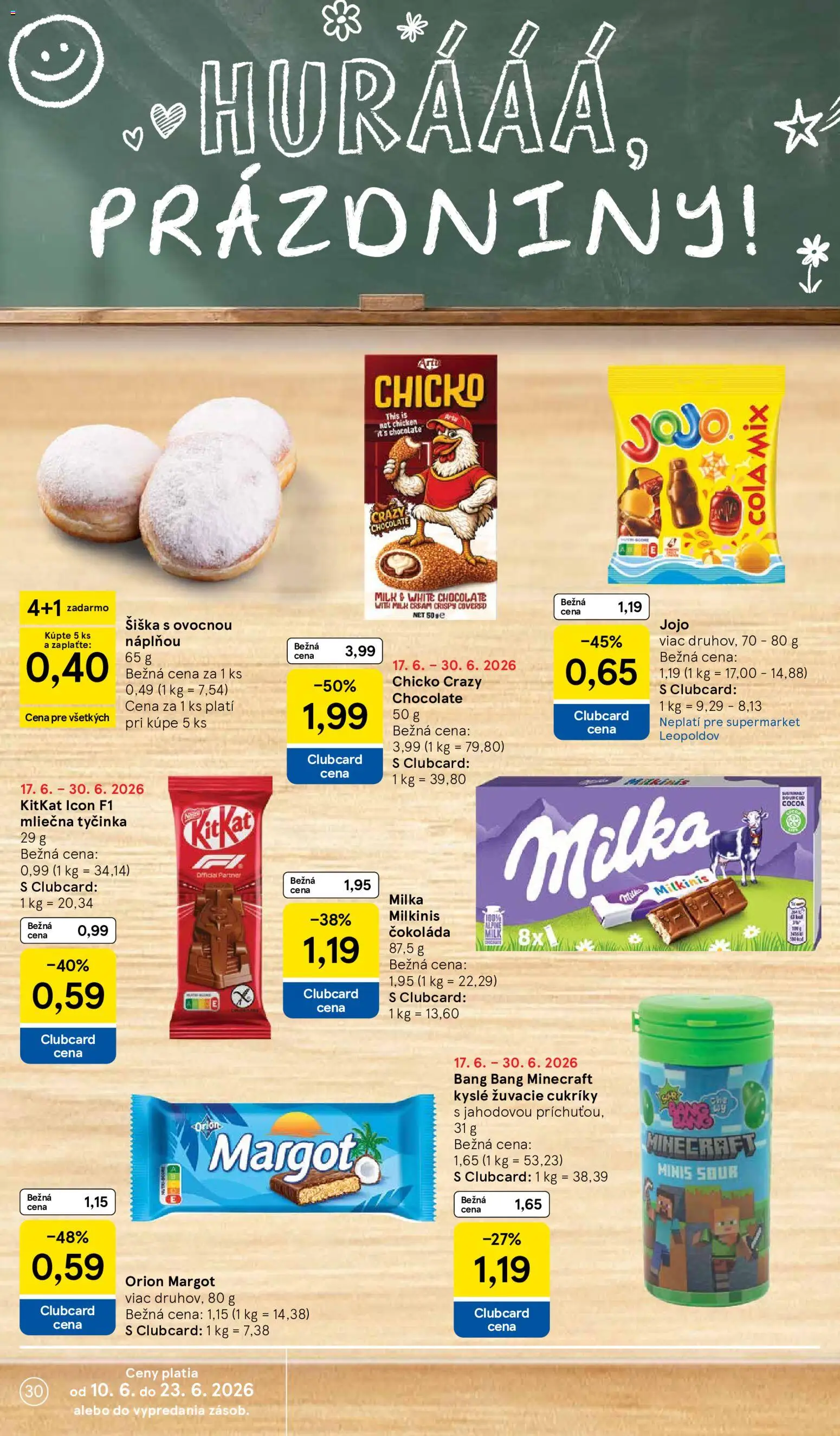 Nové Tesco akcie – leták je platný od 17.06.2026 | Strana: 30 | Produkty: Čokoláda, Cukríky, Milka, Cola