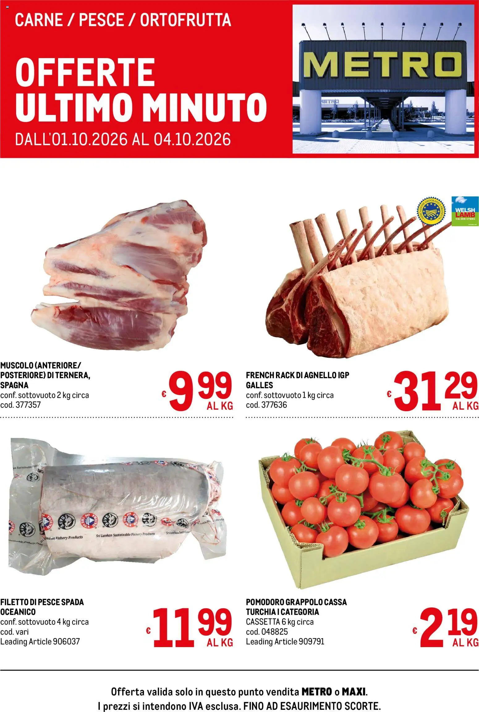 Volantino Metro del 01/10/2026 | Pagina: 1 | Prodotti: Filetto di pesce, Pomodoro, Carne, Agnello