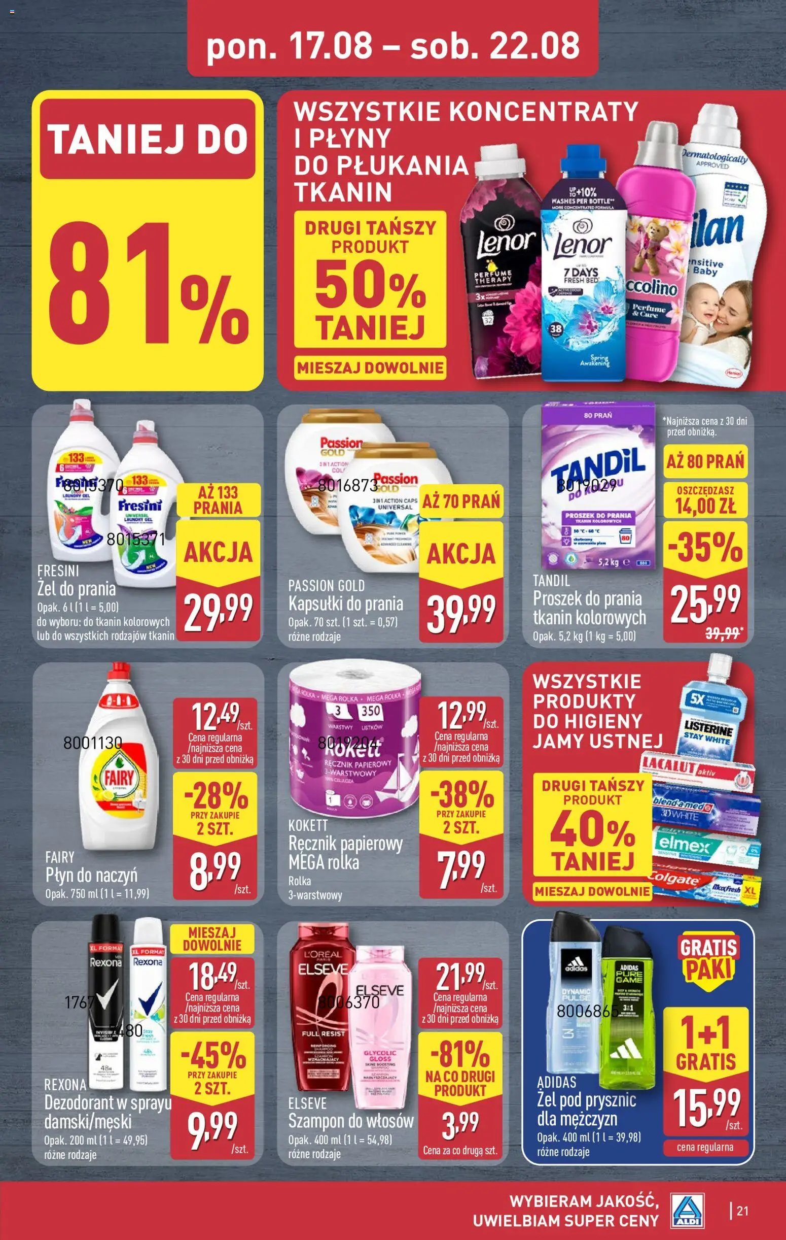 Aldi gazetka od 17.08.2026 | Strona: 21 | Produkty: Fairy płyn do naczyń, Kapsułki, Żel pod prysznic, Dezodorant