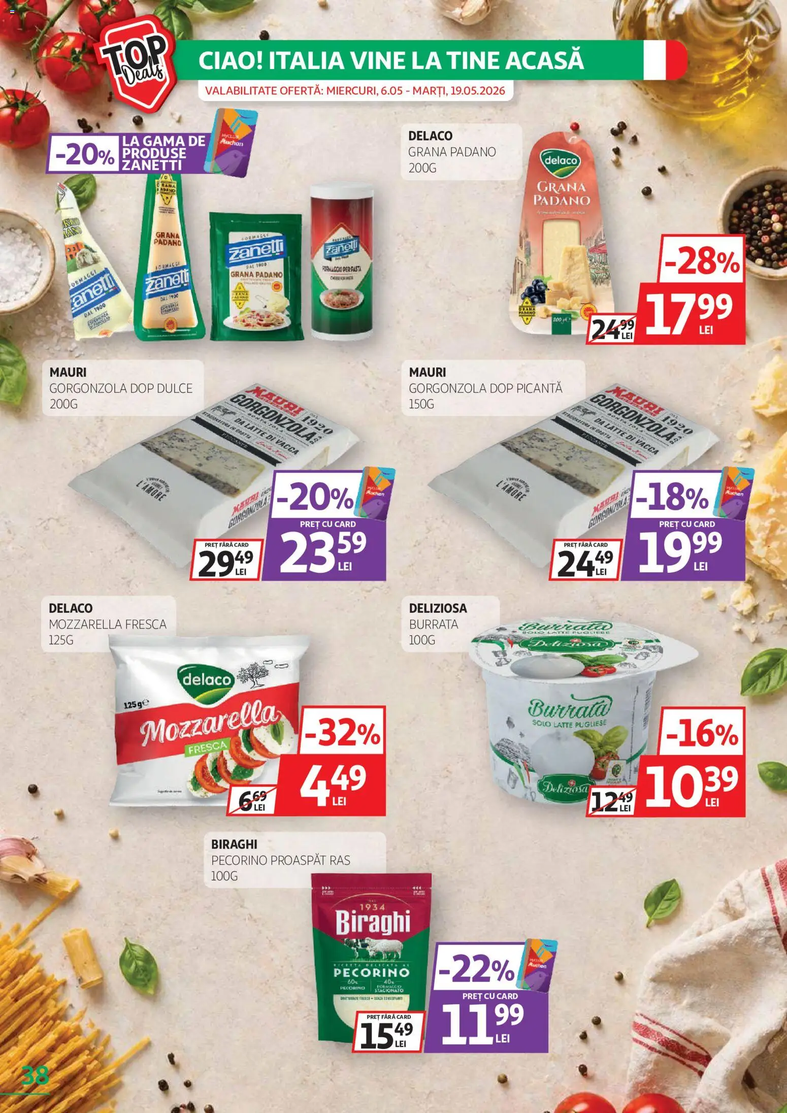 Noul catalog Auchan – valabil de la 20.05.2026 | Pagină: 38 | Produse: Çift taraflı üst, Light Kedi Konservesi, Mozzarella, Gorgonzola