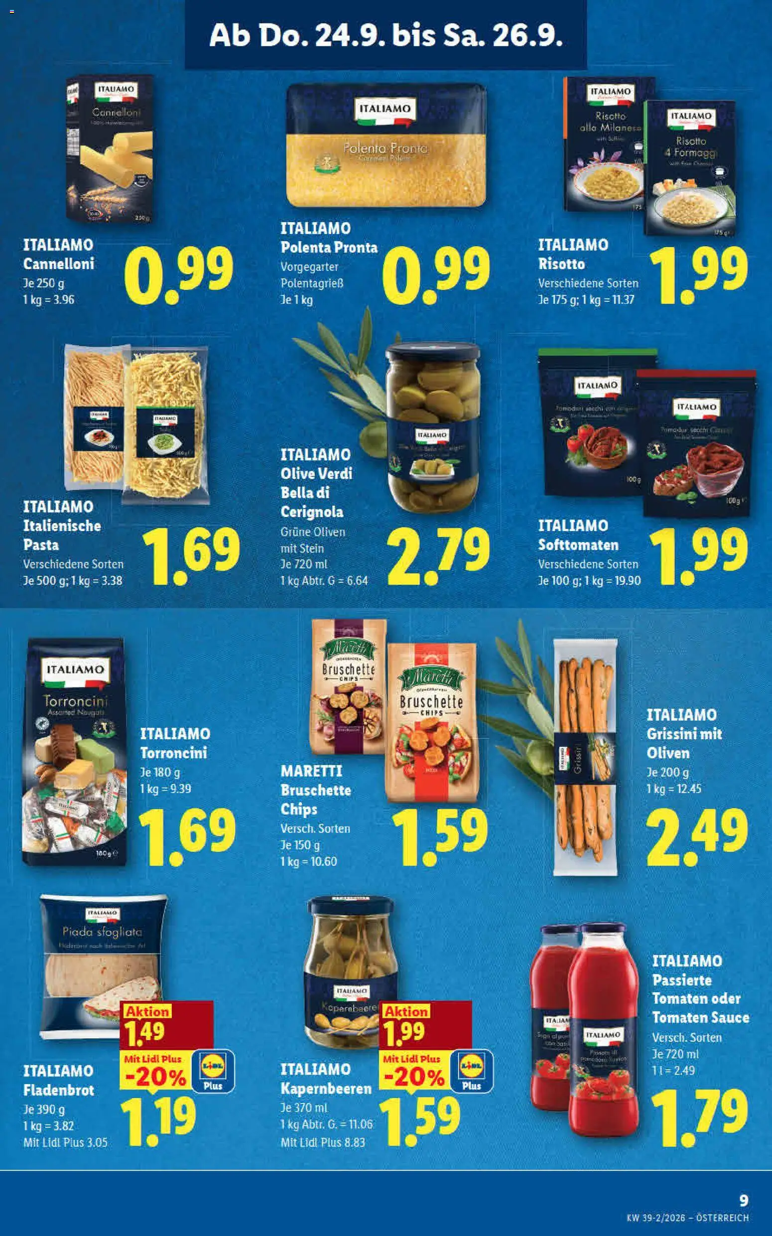 Lidl - Flugblatt gültig ab 24.09.2026 | Seite: 11 | Produkte: Pasta, Chips, Oliven, Tomaten
