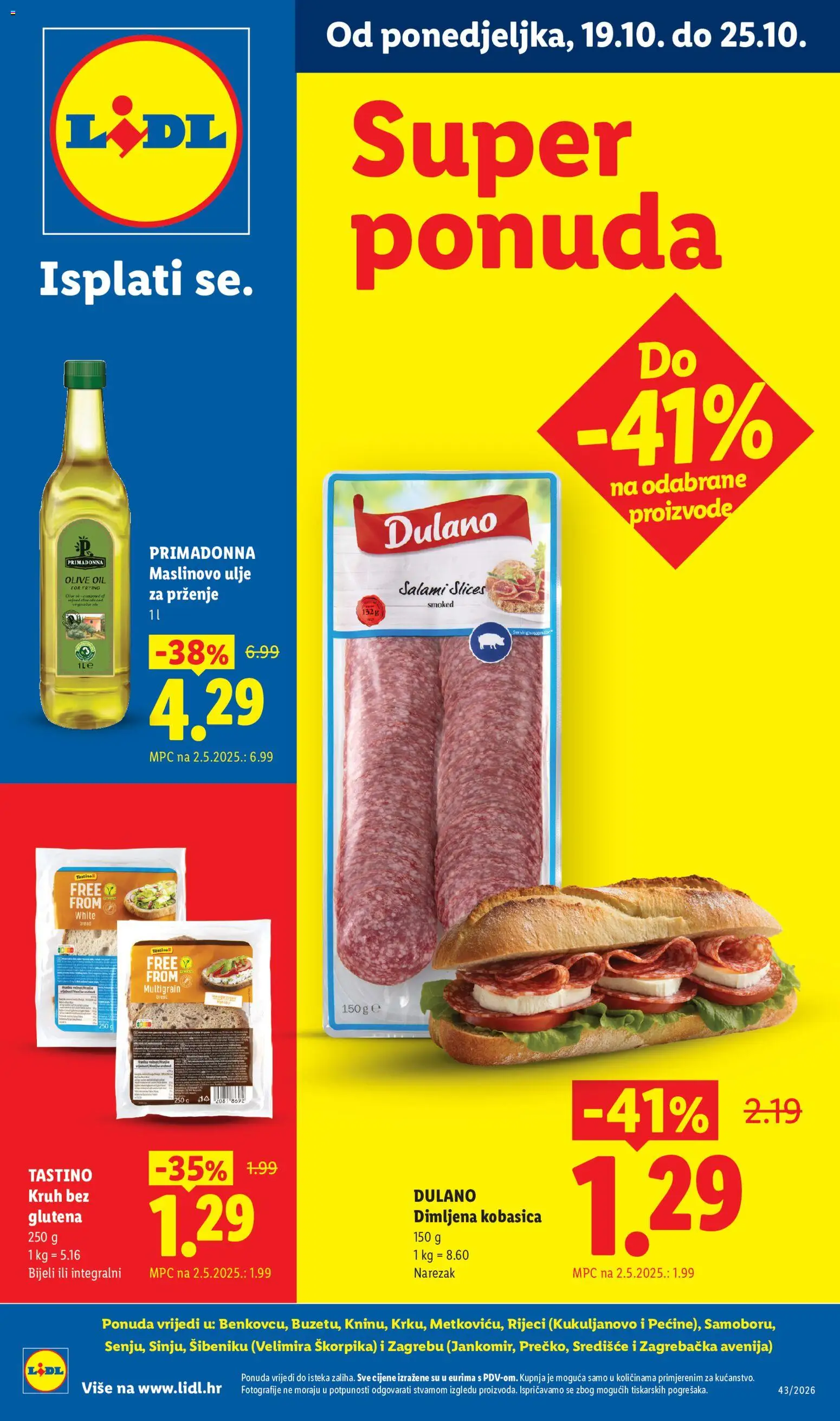 Lidl katalog | vrijedi od 19.10.2026 | Stranica: 1 | Proizvodi: Ulje za prženje, Maslinovo ulje, Narezak, Kobasica
