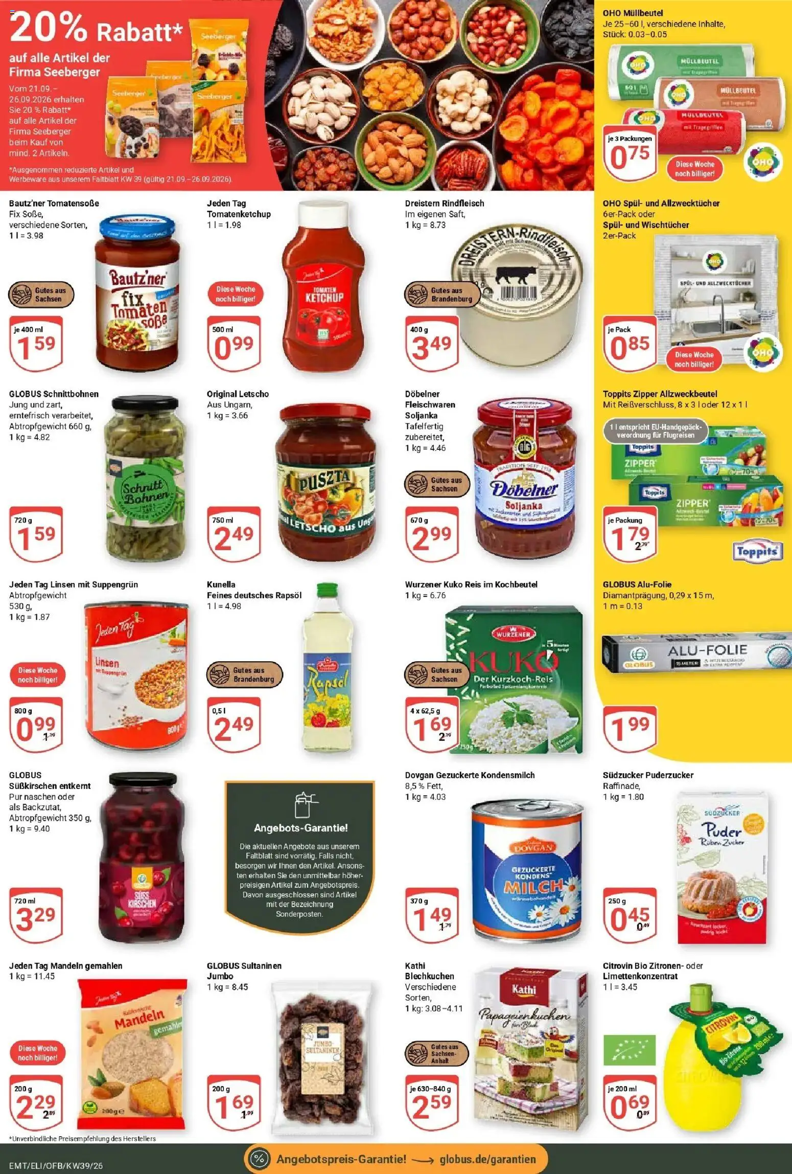 Globus Prospekt Mittelhausen (ab 21.09.2026) » Angebote online | Seite: 20 | Produkte: Milch, Rapsöl, Zucker, Zitronen