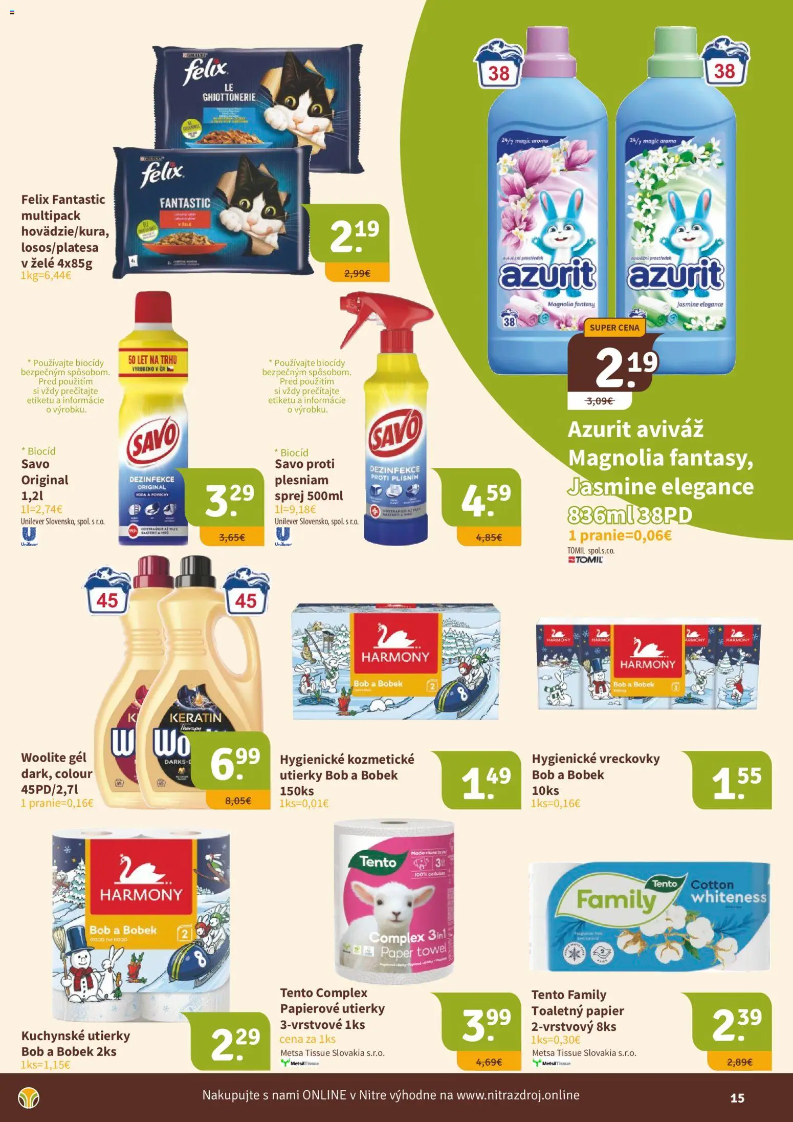 Nové Nitrazdroj akcie – leták je platný od 17.04.2026 | Strana: 15 | Produkty: Savo, Toaletný papier, Woolite, Aviváž
