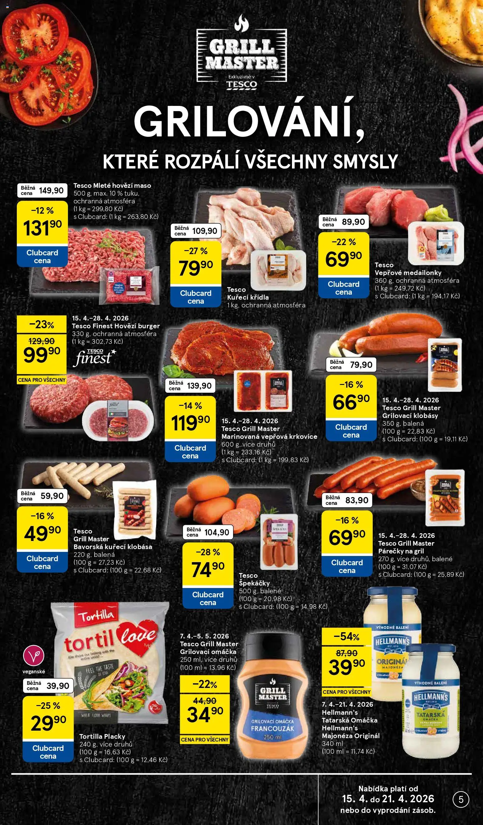 Tesco leták - Hypermarket od 15.04.2026 | Strana: 5 | Produkty: Burger, Finest, Hovězí burger, Hellmann's
