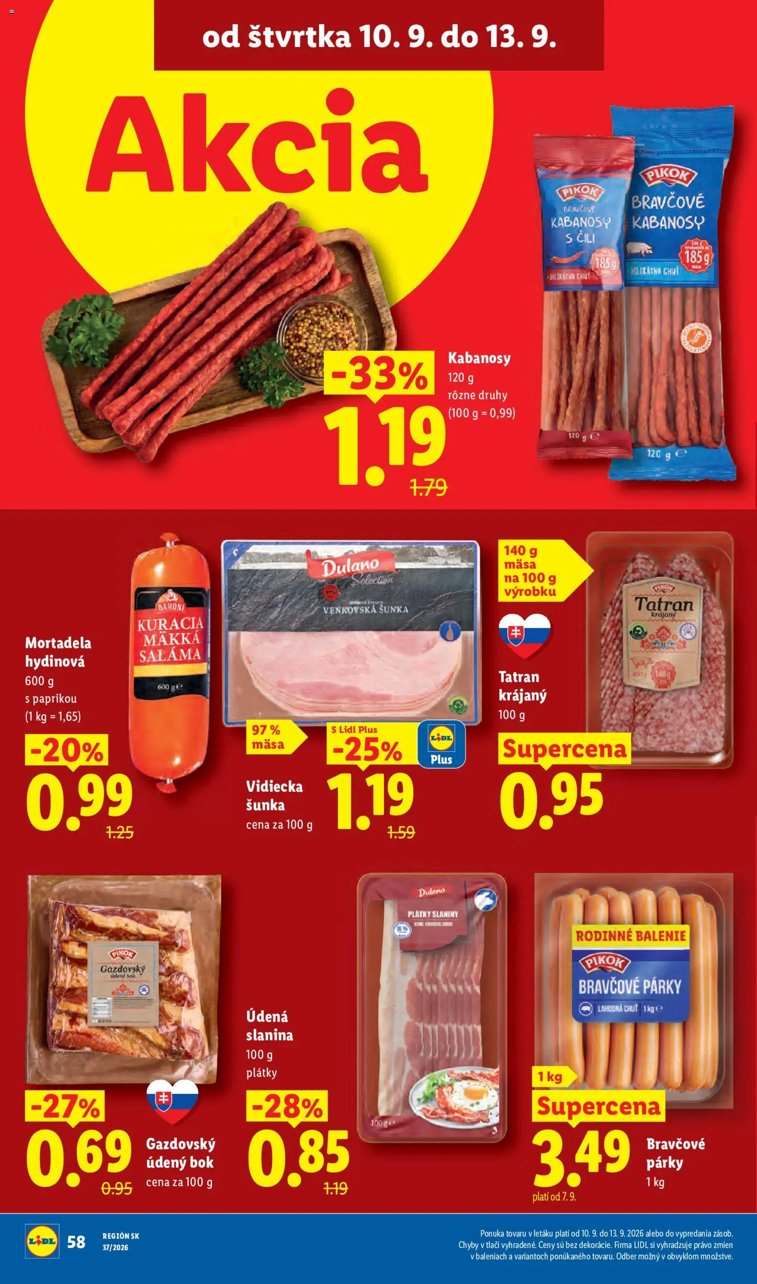 Nové Lidl akcie – leták je platný od 07.09.2026 | Strana: 72 | Produkty: Saláma, Šunka, Slanina, Mortadela