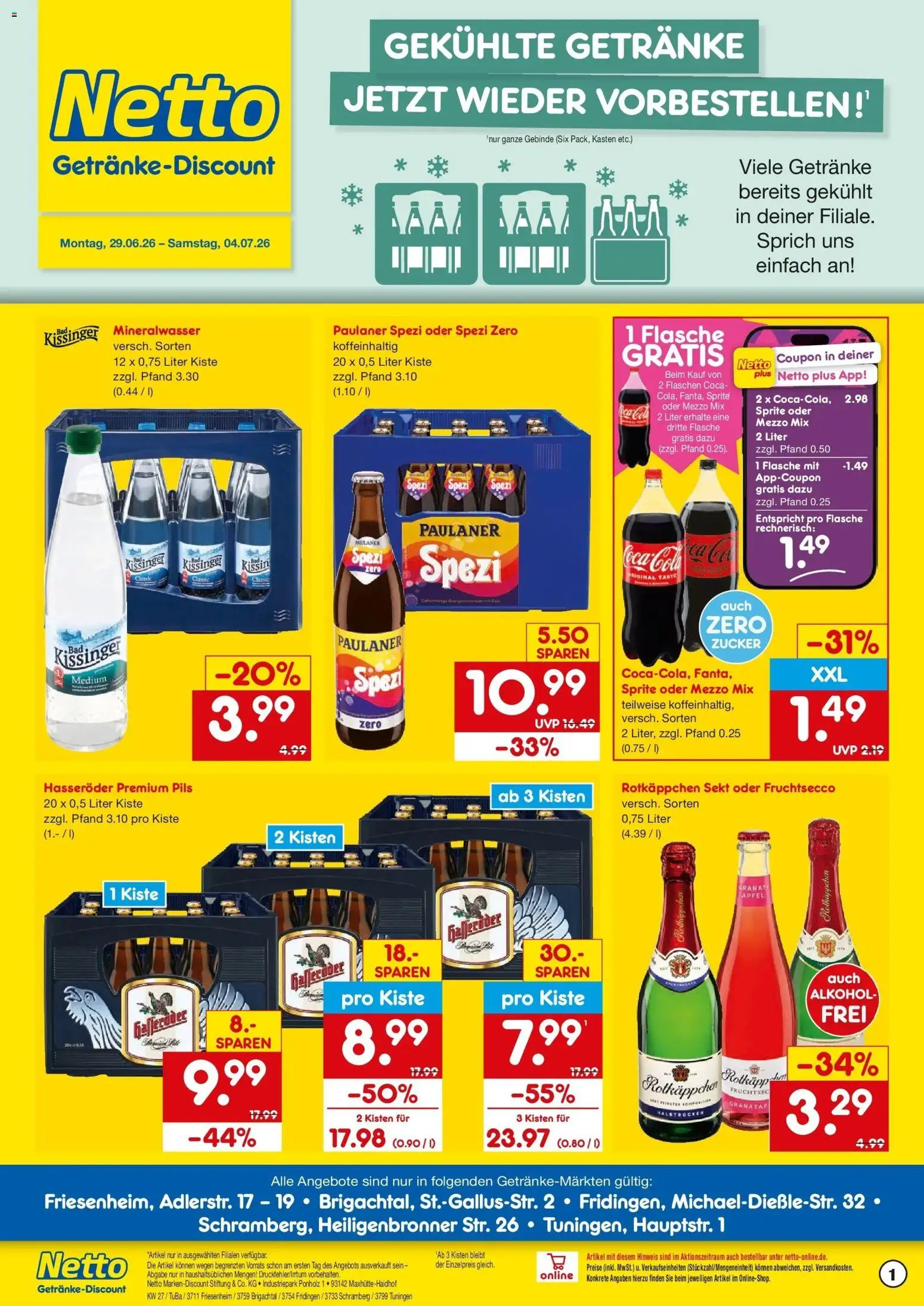 Netto Marken-Discount Prospekt Schramberg – gültig ab 29.06.2026 | Seite: 1 | Produkte: Mezzo mix, Paulaner spezi, Sekt, Fruchtsecco