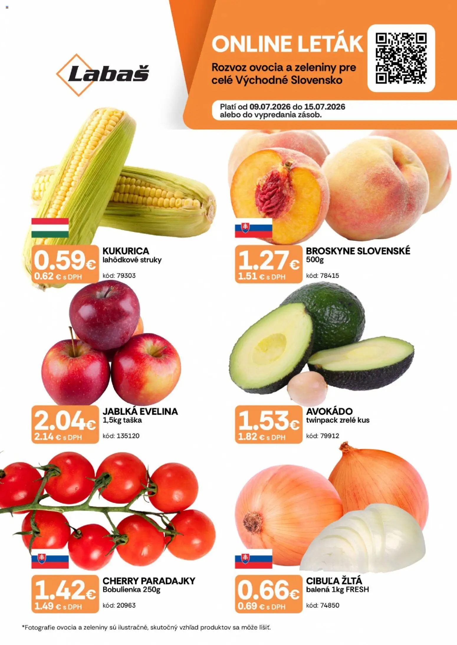 Nové Labaš akcie – leták je platný od 09.07.2026 | Strana: 1 | Produkty: Paradajky, Cibuľa, Kukurica, Taška