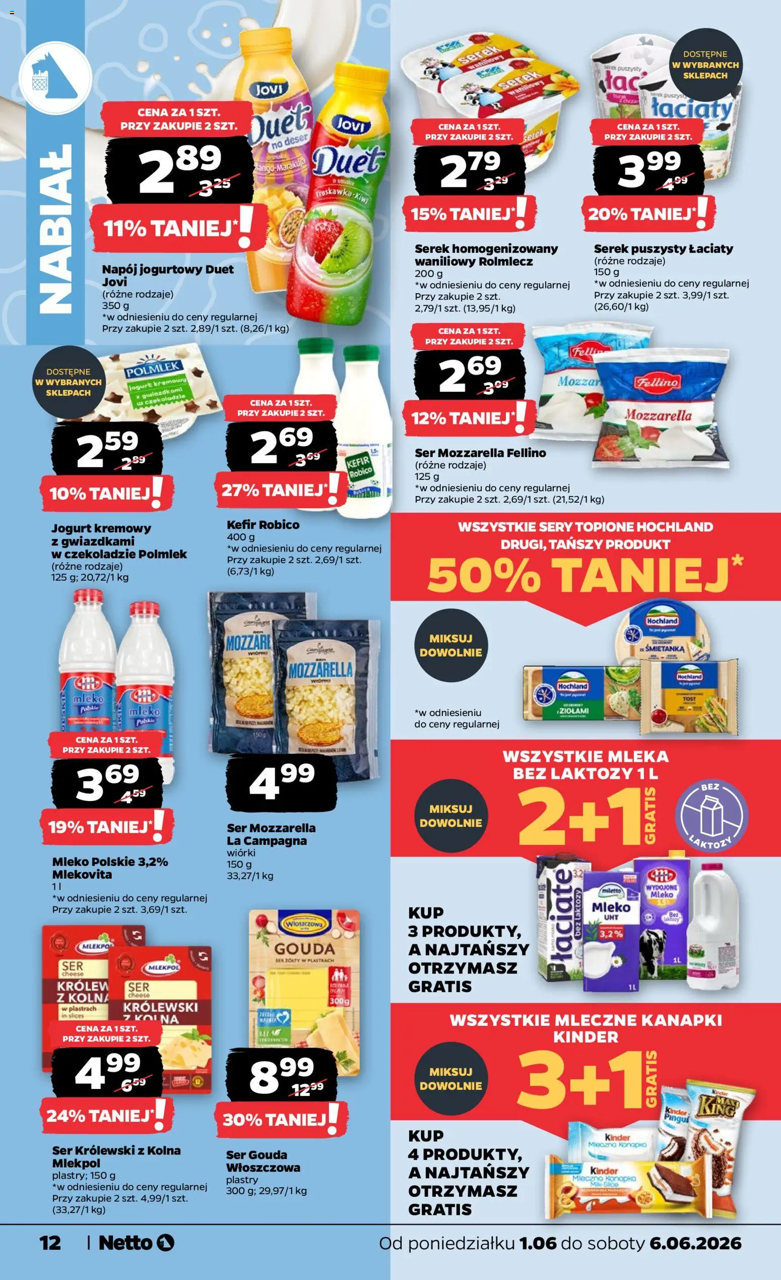 Netto gazetka od poniedziałku spożywcza od 01.06.2026 | Strona: 12 | Produkty: Kefir robico, Sery, Jogurt, Ser gouda