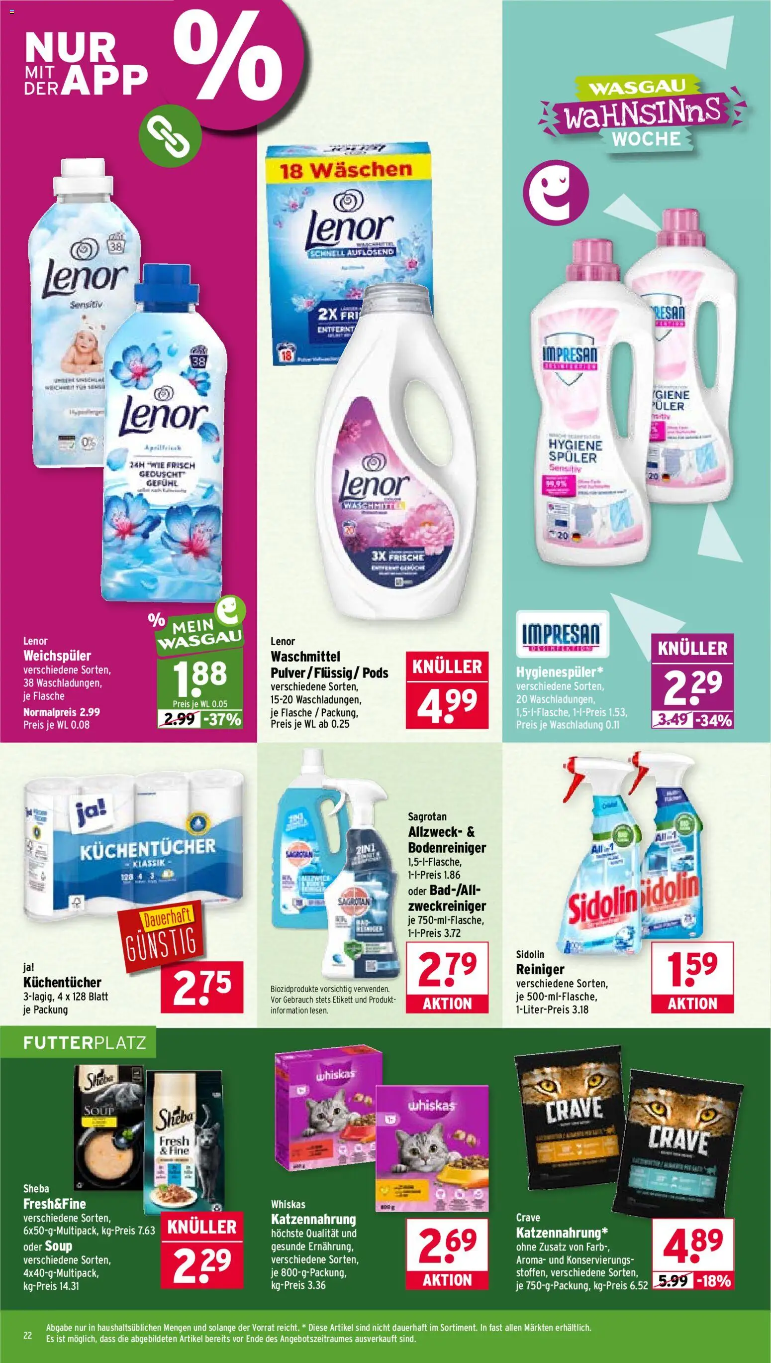 Wasgau Prospekt – gültig ab 26.05.2026 | Seite: 22 | Produkte: Lenor, Sheba, Waschmittel, Whiskas