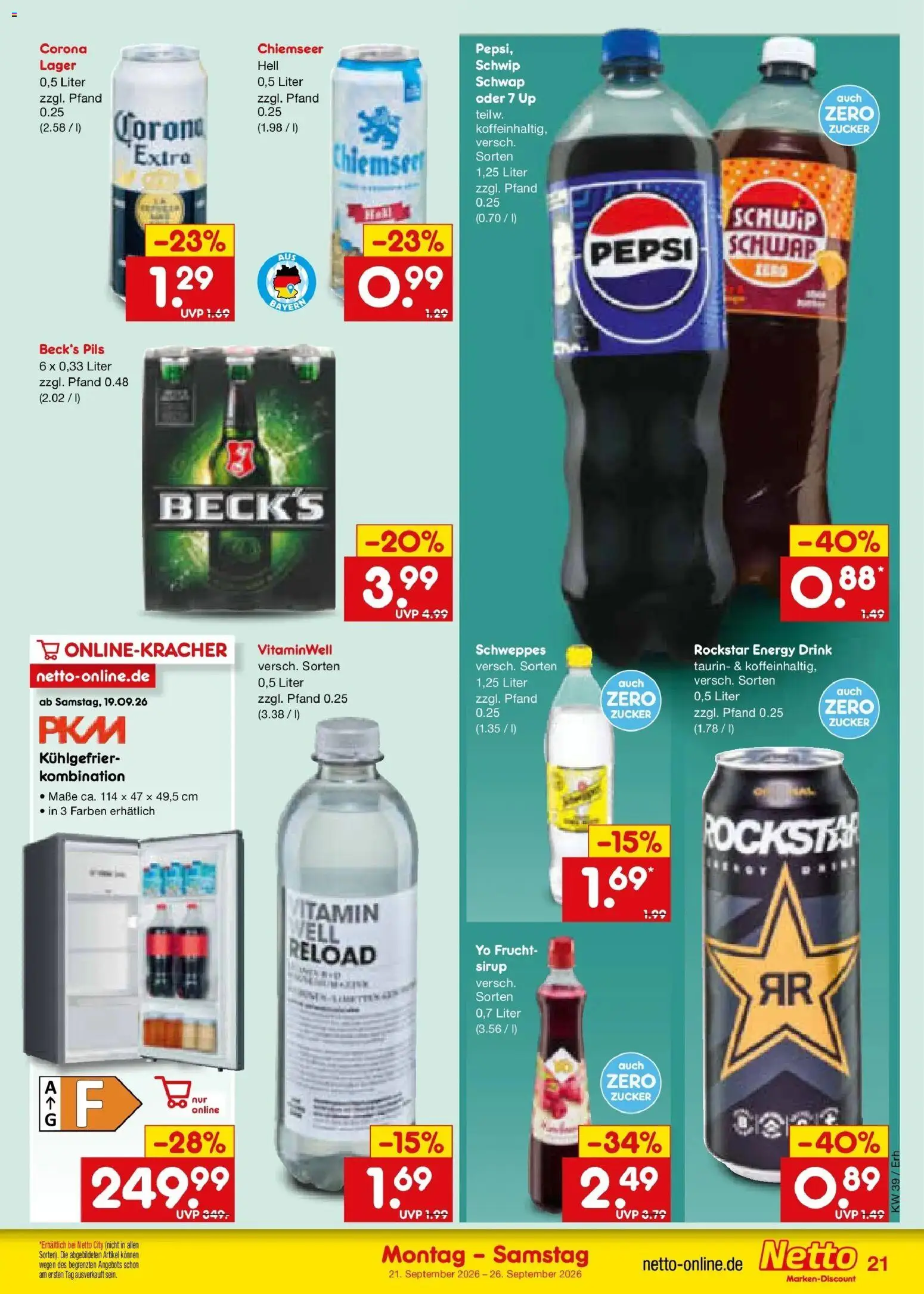 Netto Marken-Discount Prospekt München – gültig ab 21.09.2026 | Seite: 29 | Produkte: Rockstar energy, Energy, Schweppes, Zucker