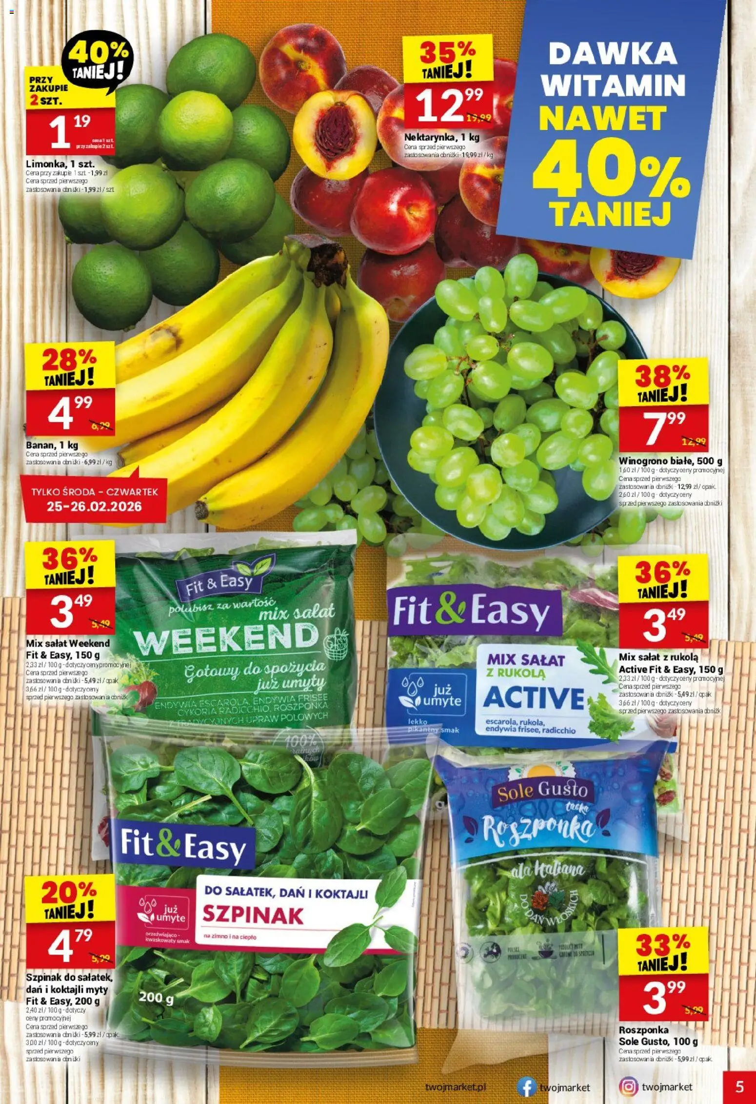 Twój Market Gazetka od 25.02.2026 | Strona: 5 | Produkty: Winogrono, Szpinak, Roszponka, Mix sałat