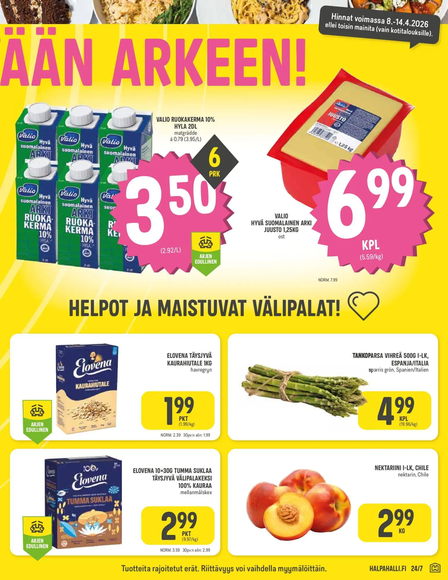 Halpa Halli tarjoukset – voimassa 08.04.2026 alkaen | Sivu: 3 | Tuotteet: Nektariini, Juusto, Suklaa, Kerma