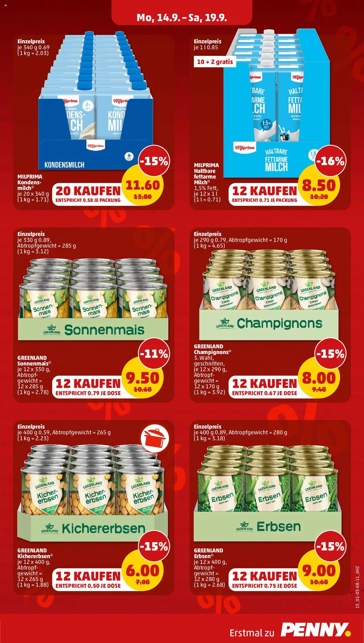 Penny Prospekt – gültig ab 14.09.2026 | Seite: 17 | Produkte: Gewicht, Milch, Champignons, Erbsen