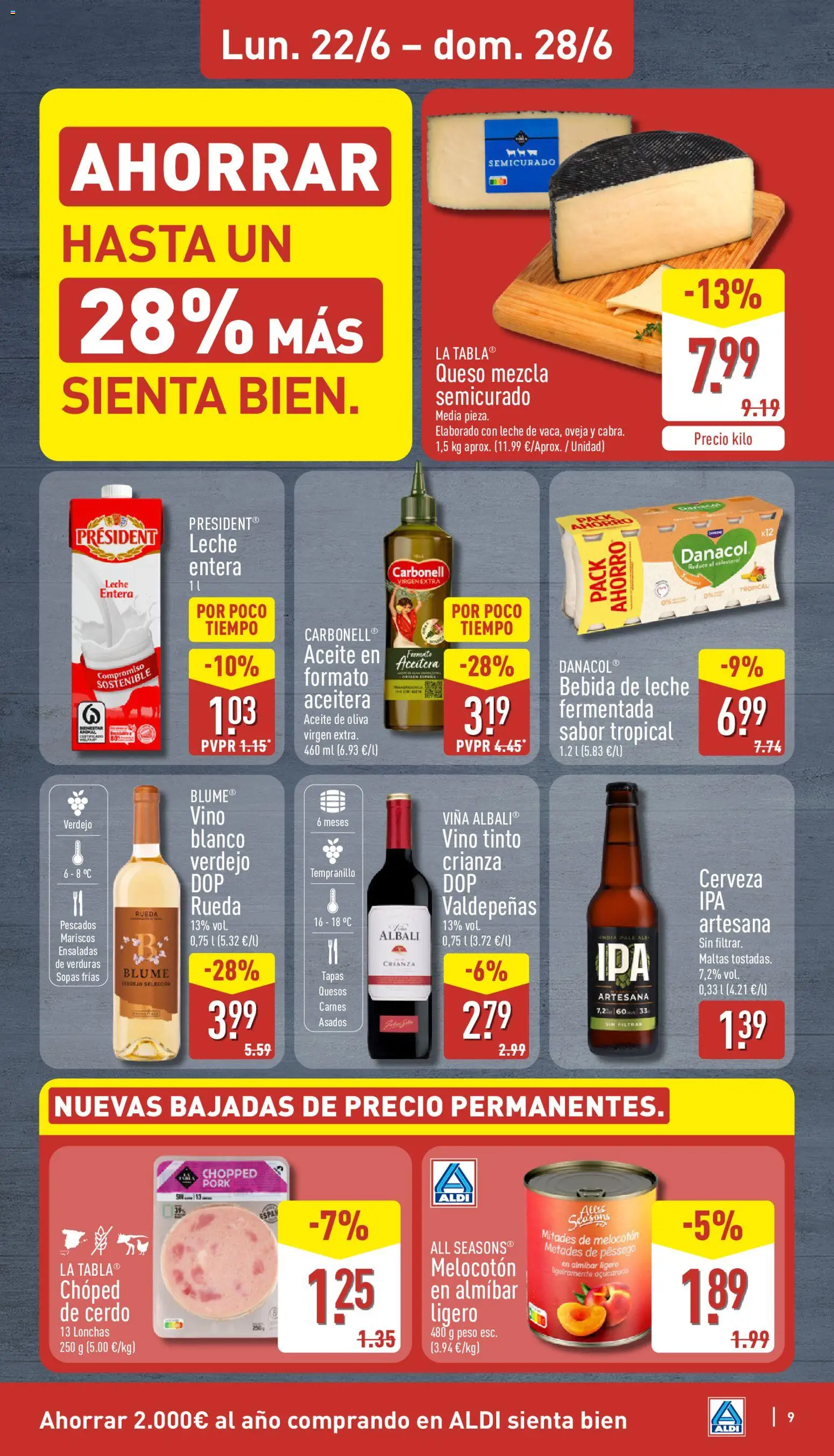 Aldi folleto Canarias │ válido desde el 22.06.2026 | Página: 9 | Productos: Leche entera, Vino, Cerveza, Cerdo