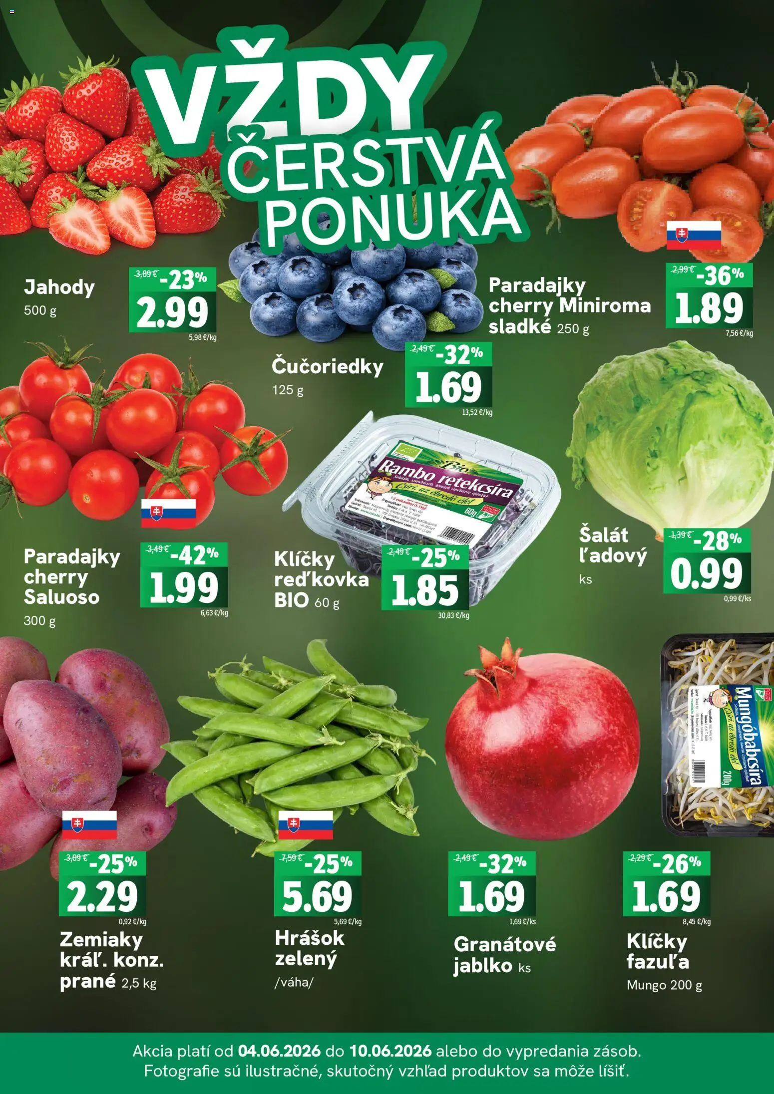 Nové Fresh akcie – leták je platný od 04.06.2026 | Strana: 3 | Produkty: Paradajky, Fazuľa, Hrášok, Šalát