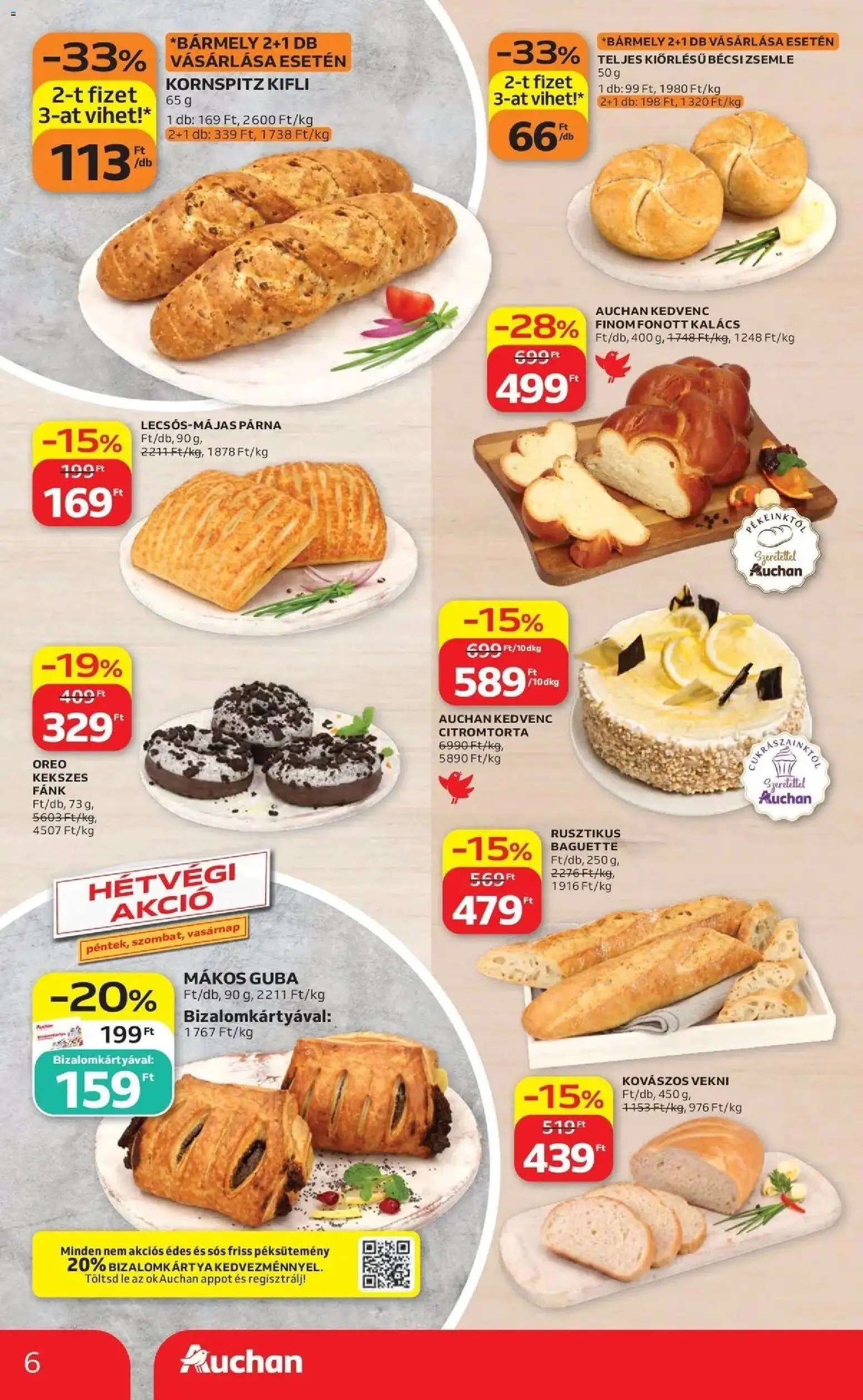 Auchan akciós újság Szolnok - 2026.08.27. -tól/töl > akció, lapozható szórólap 🛍️ | Oldal: 6 | Termékek: Fánk, Kalács, Párna, Vekni