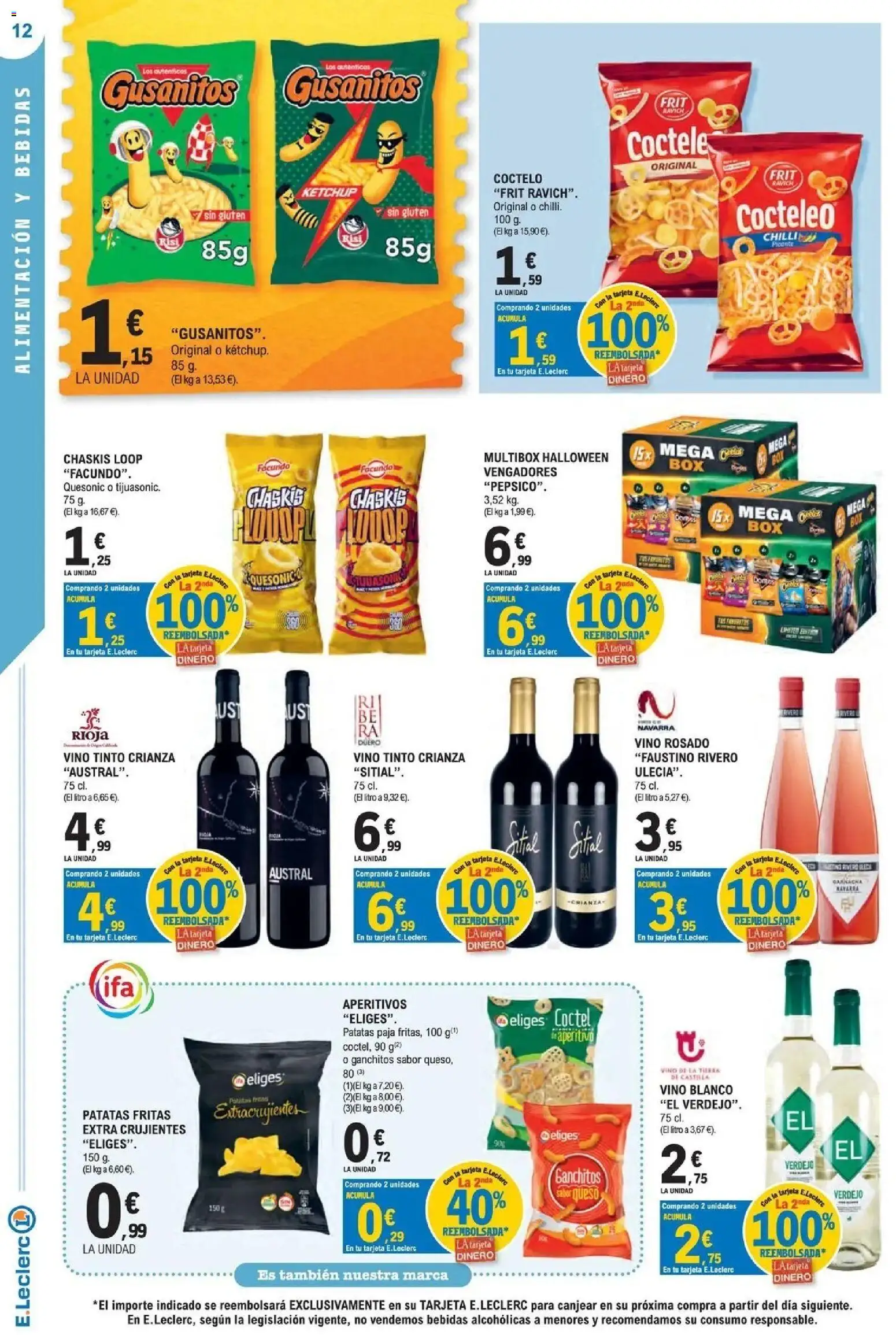 E.Leclerc Megames 1 │ válido desde el 23/09/2026 | Página: 12 | Productos: Vino tinto, Vino rosado, Vino blanco, Patatas fritas