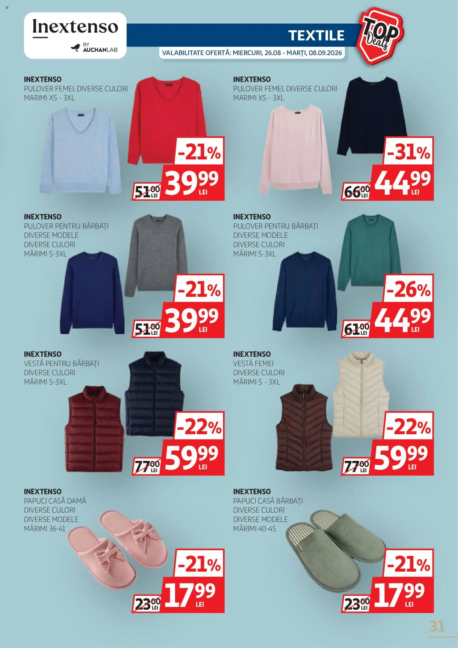 Noul catalog Auchan – valabil de la 26.08.2026 | Pagină: 31 | Produse: Pulover, Vestă, Papuci