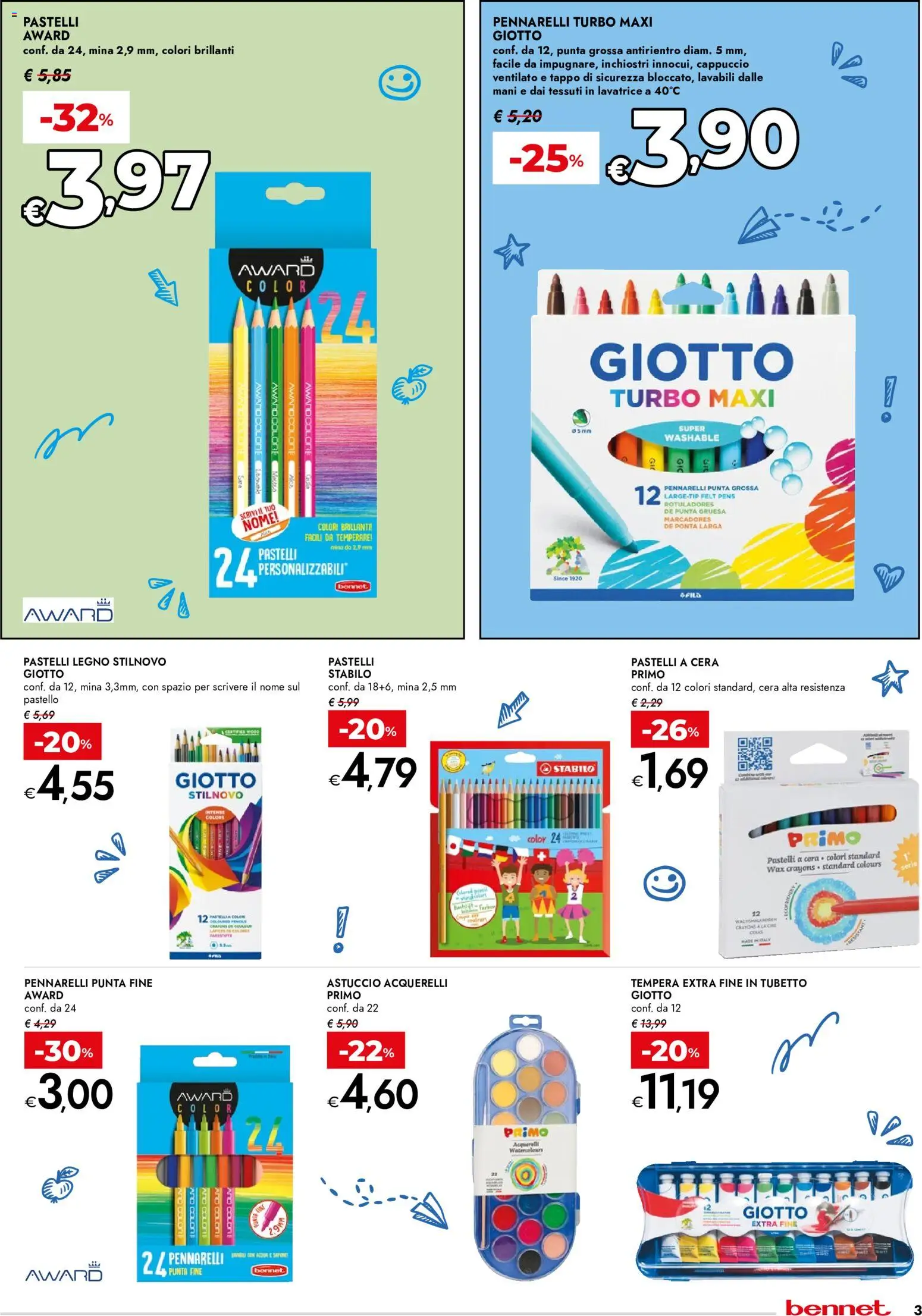 Volantino bennet del 27/08/2026 | Pagina: 3 | Prodotti: Pastelli a cera, Cappuccio, Astuccio, Pastelli