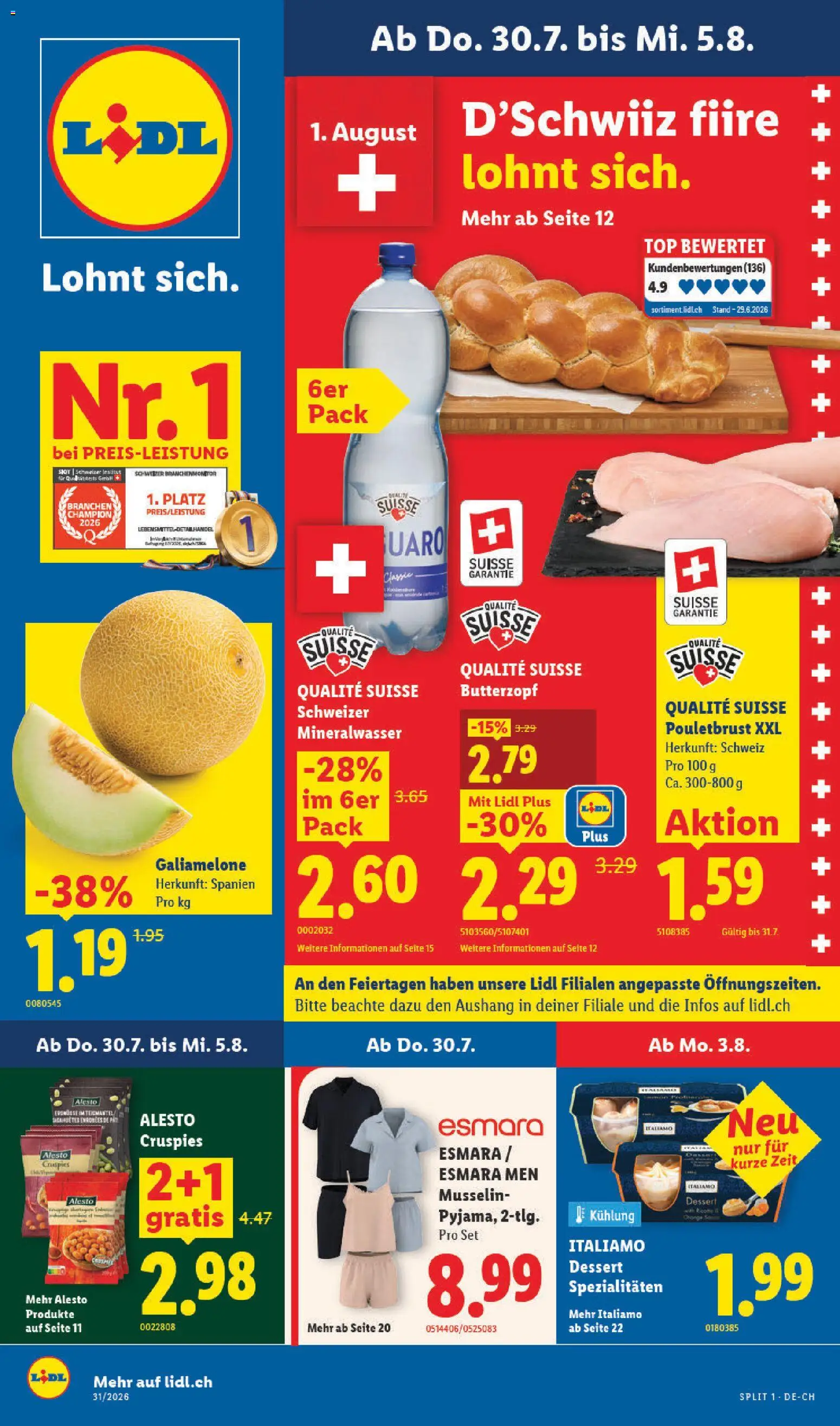 Lidl aktionen – gültig ab 30.07.2026 | Seite: 1 | Produkte: Pouletbrust, Mineralwasser, Top, Spezialitäten