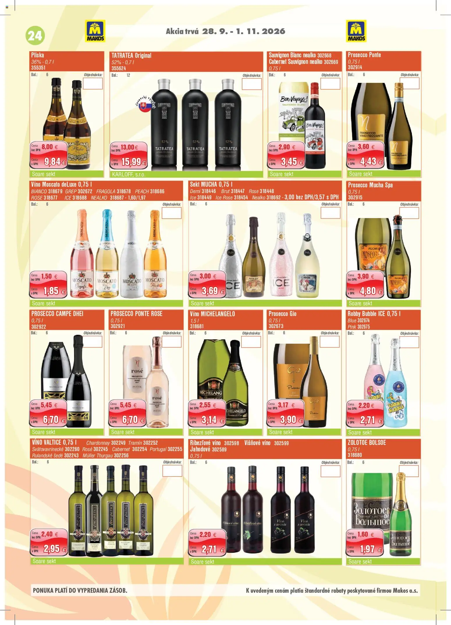 Nové Makos akcie – leták je platný od 28.09.2026 | Strana: 24 | Produkty: Víno, Prosecco, Sekt, Grep