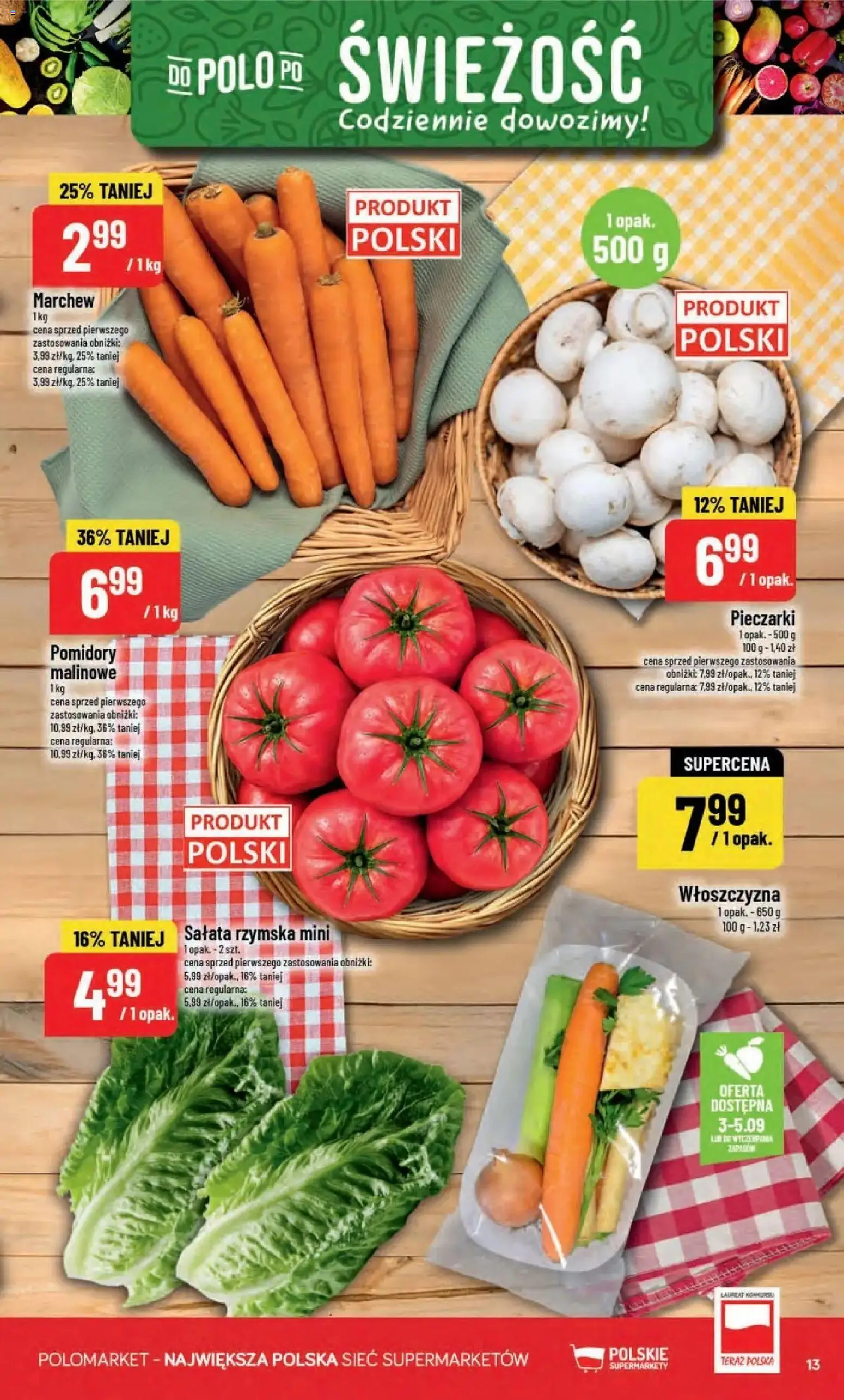 Nowa POLOmarket gazetka od jutra 02.09.2026 | Strona: 13 | Produkty: Pieczarki, Włoszczyzna, Sałata rzymska, Pomidory