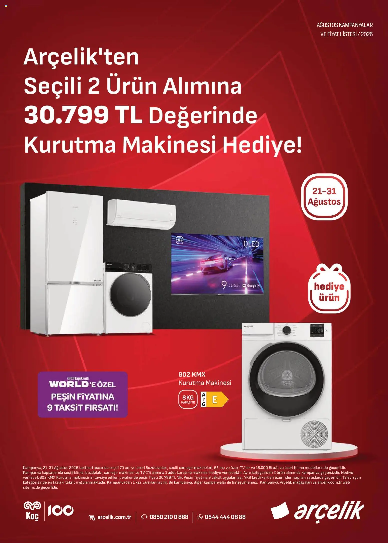 Arçelik Katalog - 21 Ağustos 2026 tarihinden itibaren geçerlidir | Sayfa: 1 | Ürünler: Kurutma makinesi, Televizyon, Çamaşır makinesi, Klima