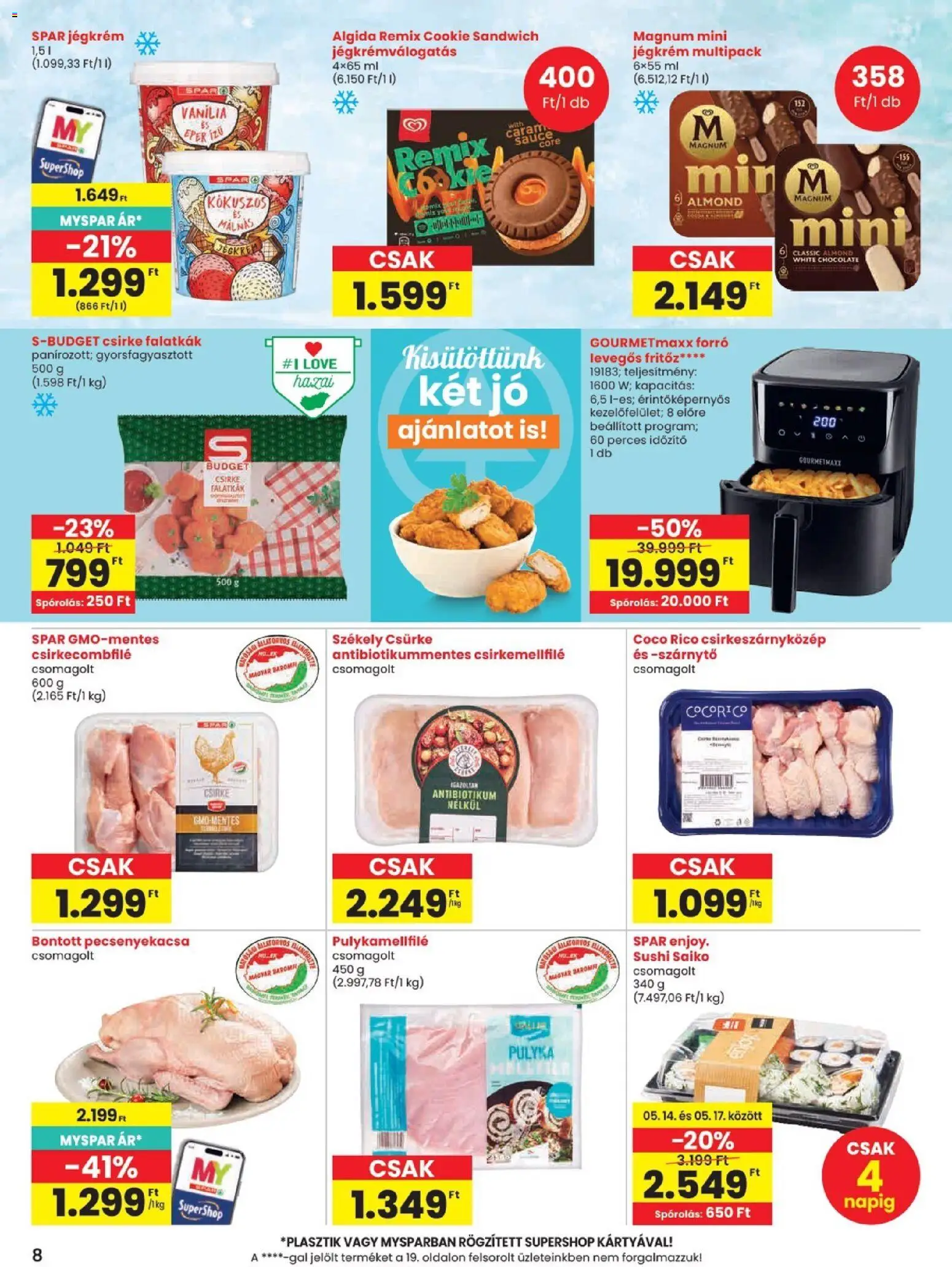 Spar akciós ujság - amely érvényes a következő dátumtól: 14.05.2026 | Oldal: 8 | Termékek: Magnum, Csirkecombfile, Sushi, Pecsenyekacsa