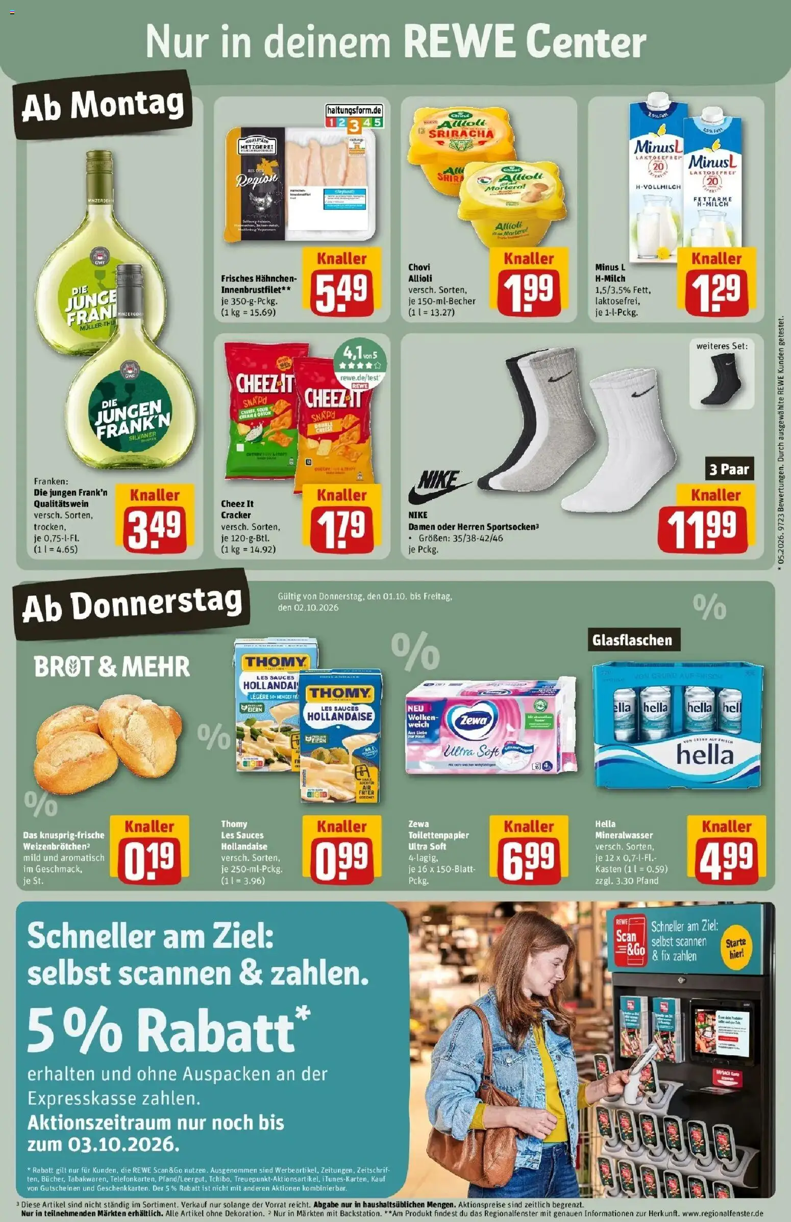 REWE Prospekt ab 28.09.2026 zum Blättern » Angebote | Seite: 5 | Produkte: Hahnchen, Milch, Mineralwasser, Brot