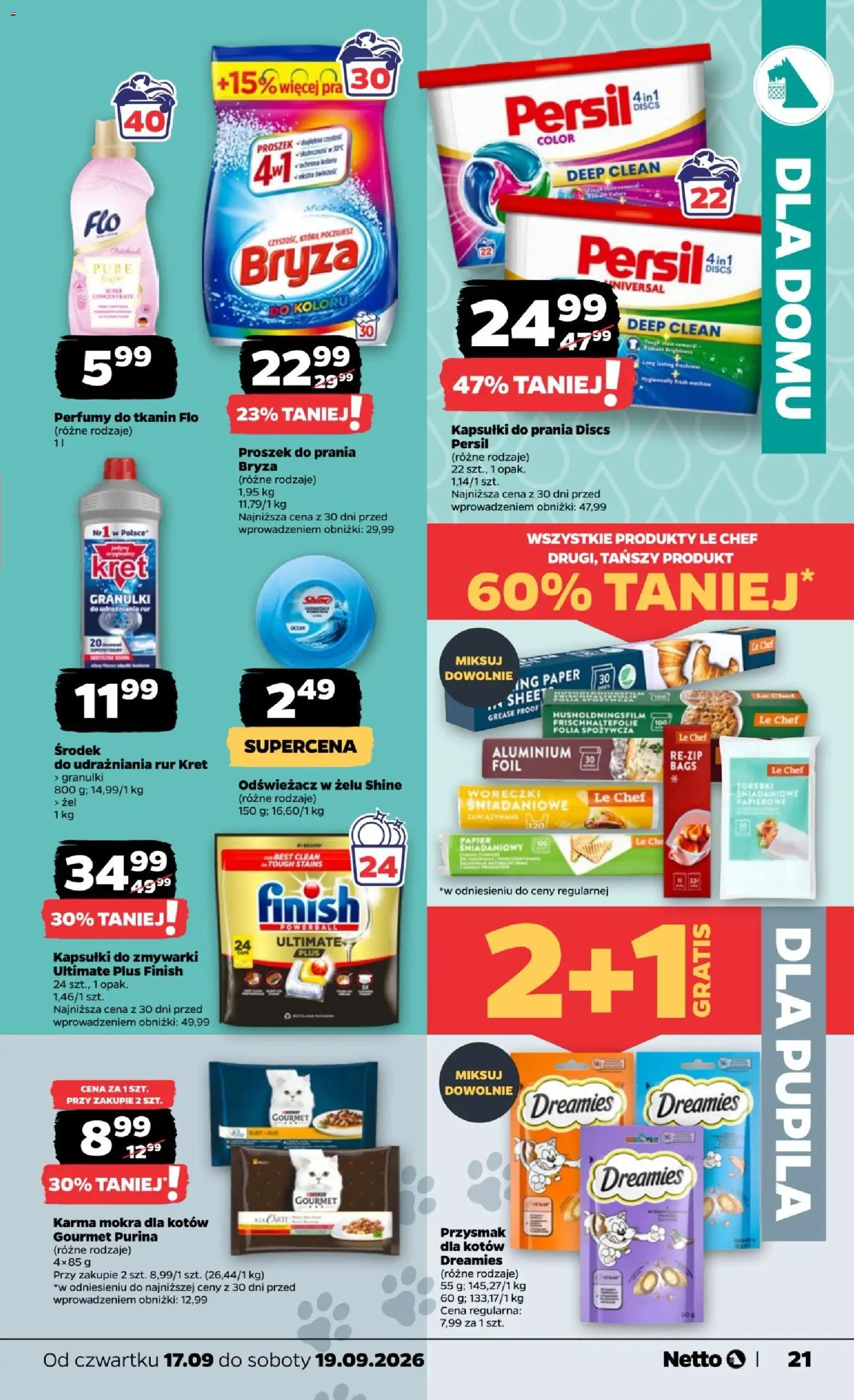 Netto gazetka od czwartku od 17.09.2026 | Strona: 21 | Produkty: Proszek, Karma mokra, Folia, Finish