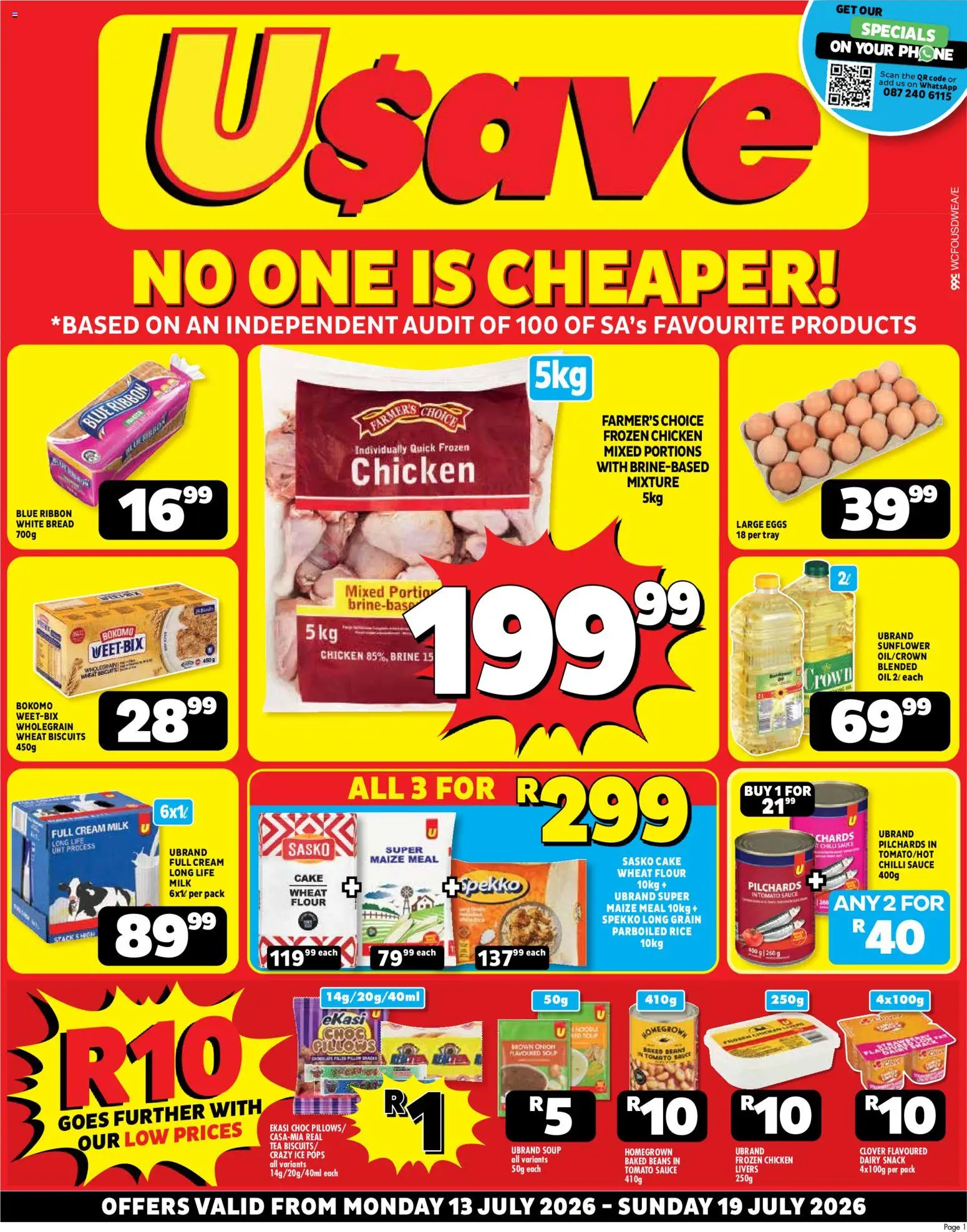New Usave catalogue – valid from 13/07/2026 | Page: 1 | Products: Flour, Beans, Sauce, Chilli