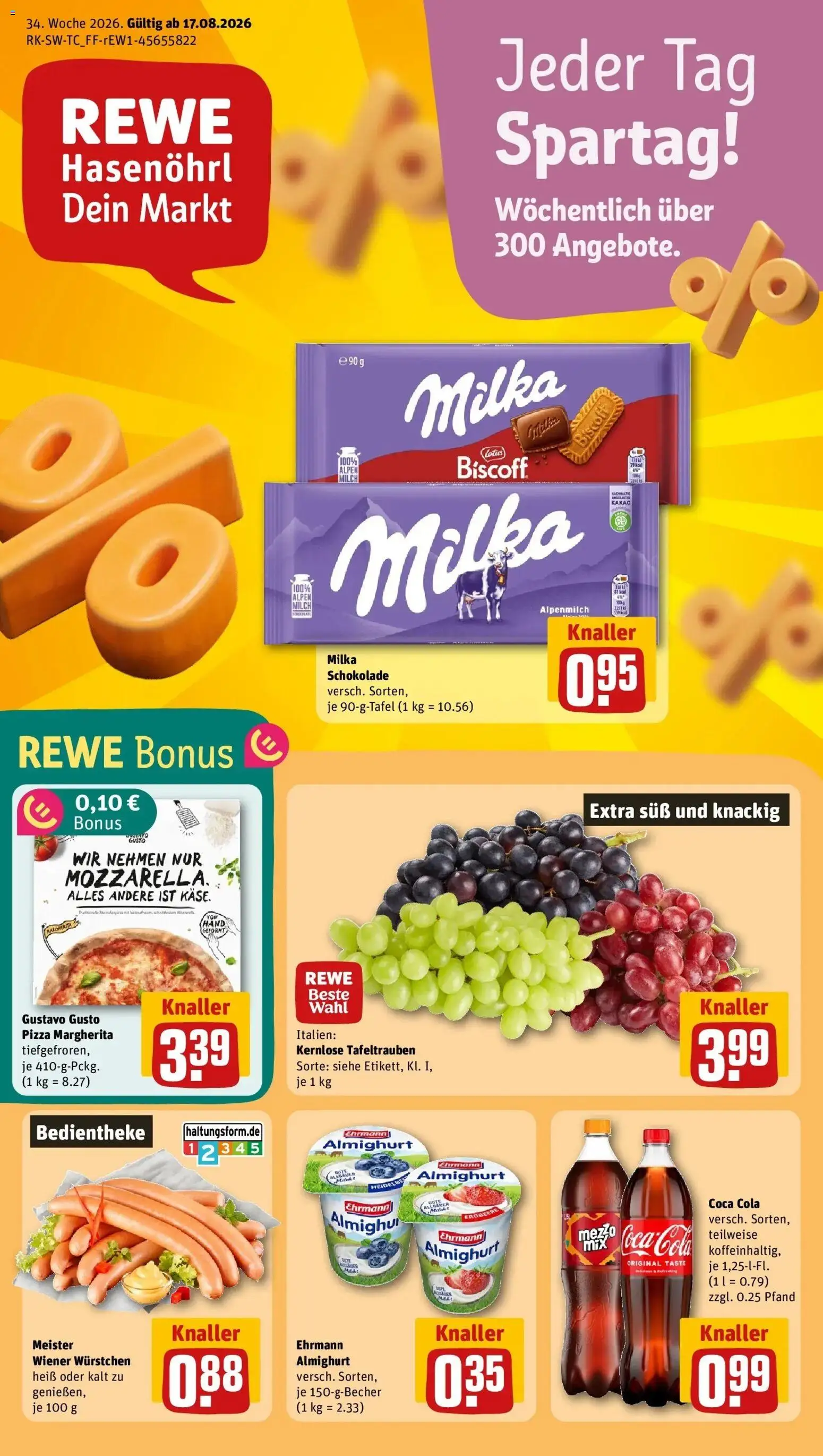 REWE Prospekt ab 17.08.2026 zum Blättern » Angebote | Seite: 1 | Produkte: Gustavo gusto, Wiener wurstchen, Milch, Pizza