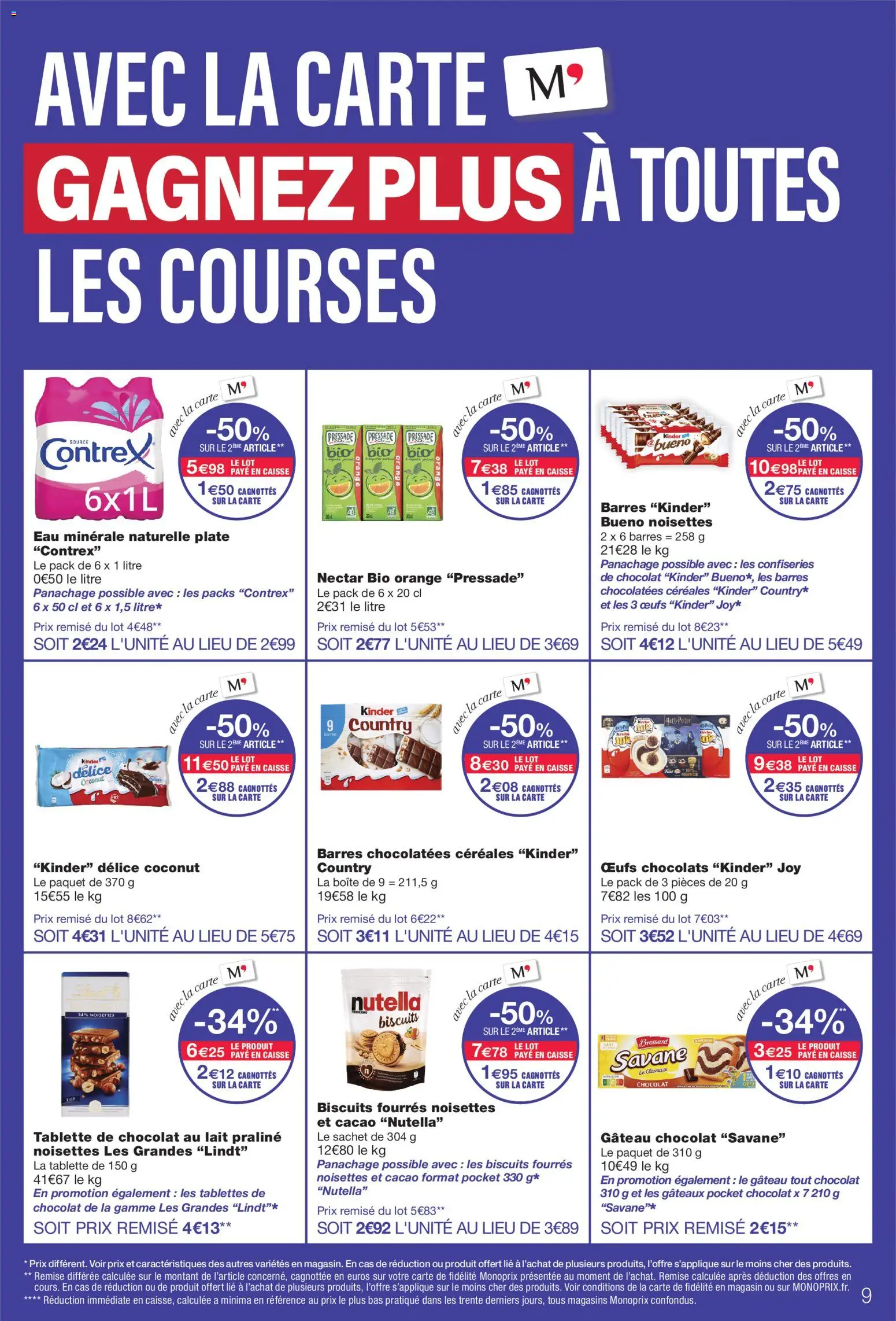 {H1} | Page: 9 | Produits: Eau minérale naturelle, Kinder Joy, Lait, Biscuits