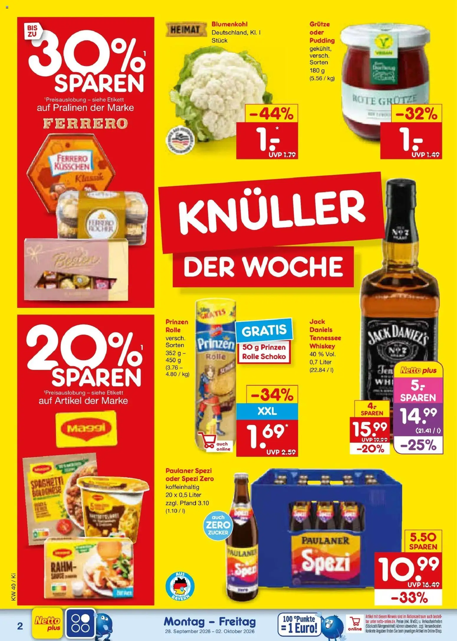Netto Marken-Discount Prospekt Bad Friedrichshall – gültig ab 28.09.2026 | Seite: 2 | Produkte: Paulaner spezi, Pudding, Zucker, Blumenkohl