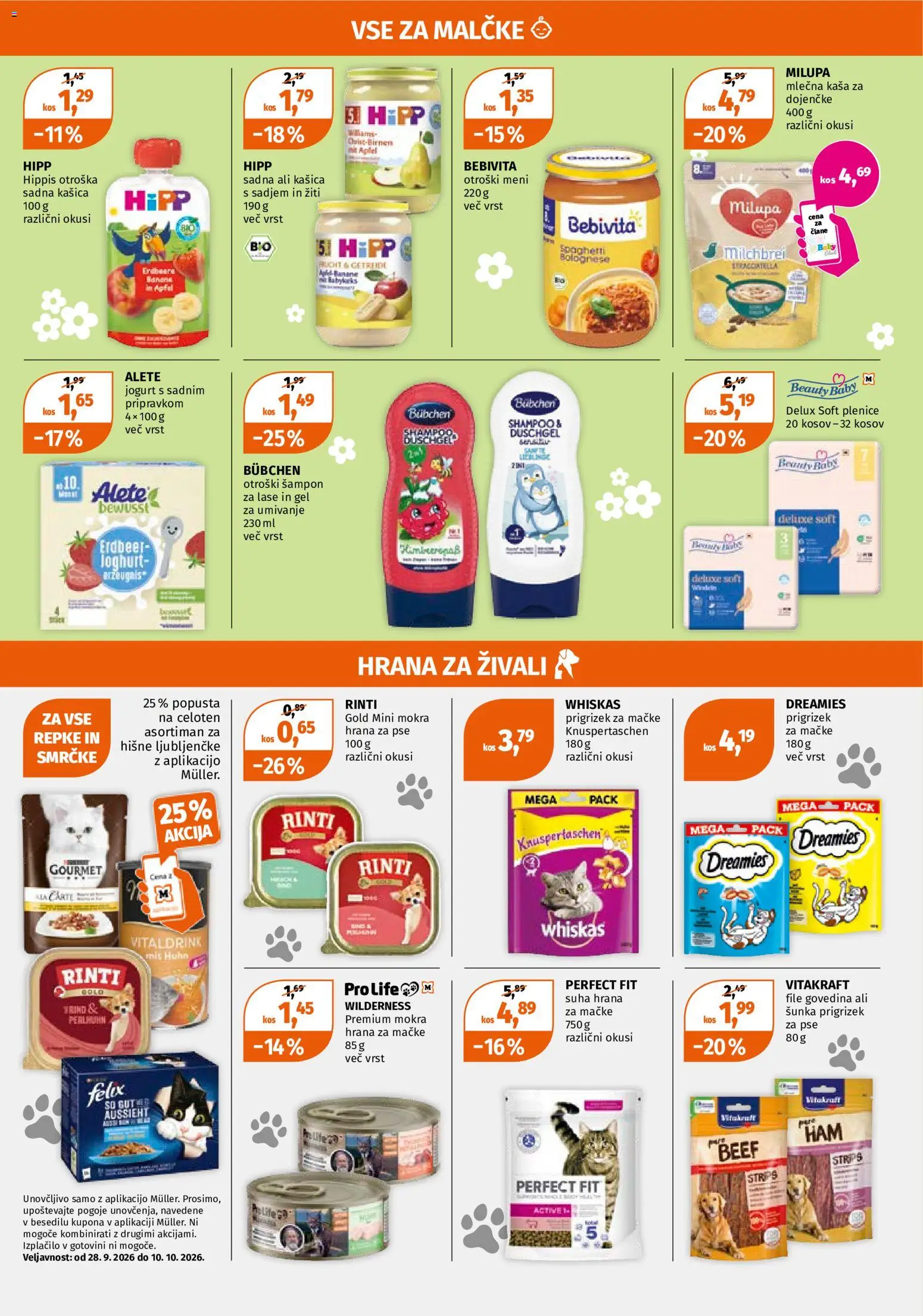 Novi Müller katalog ponudbe – veljaven od 28.09.2026 | Stran: 9 | Izdelki: Plenice, Hrana za pse, Kos, Sampon