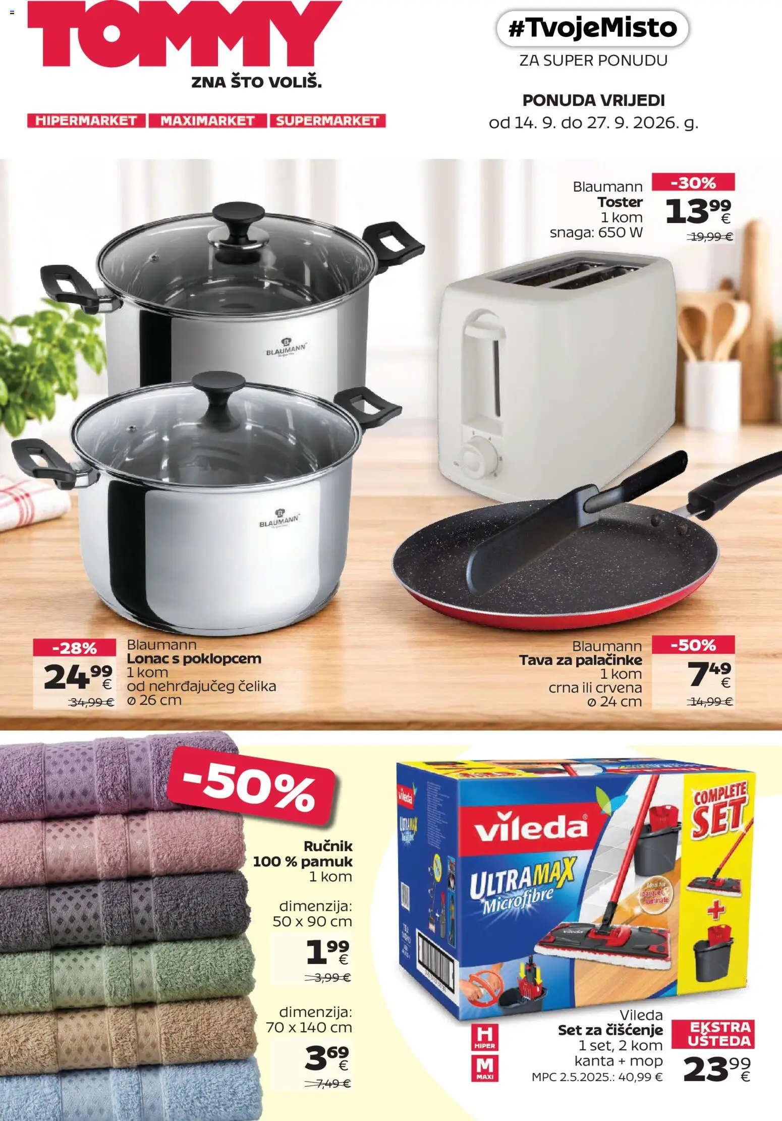 Tommy katalog | vrijedi od 14.09.2026 | Stranica: 1 | Proizvodi: Toster, Mop, Ručnik, Tava