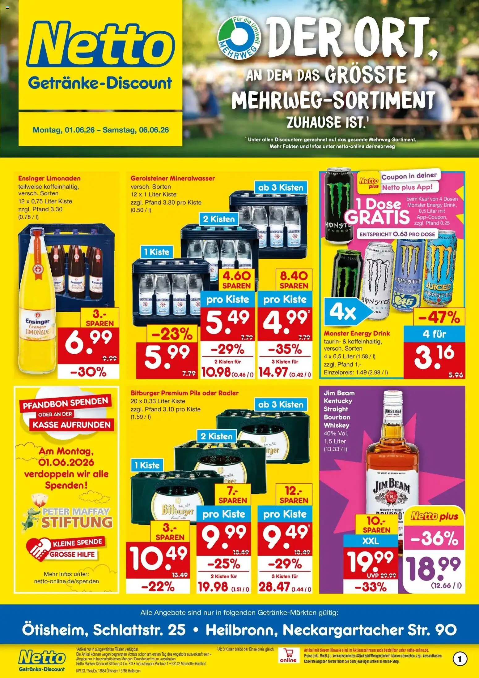 Netto Marken-Discount Prospekt Heilbronn – gültig ab 01.06.2026 | Seite: 1 | Produkte: Jim beam, Limonade, Monster, Gerolsteiner