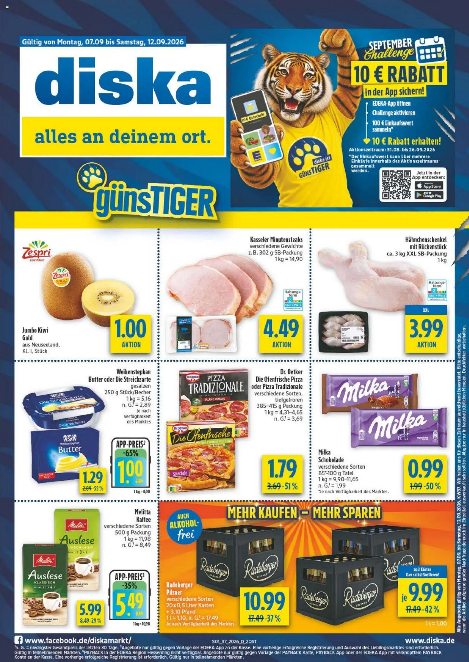 Diska Prospekt – gültig ab 07.09.2026 | Seite: 1 | Produkte: Hahnchenschenkel, Ofenfrische, Alkohol, Kiwi