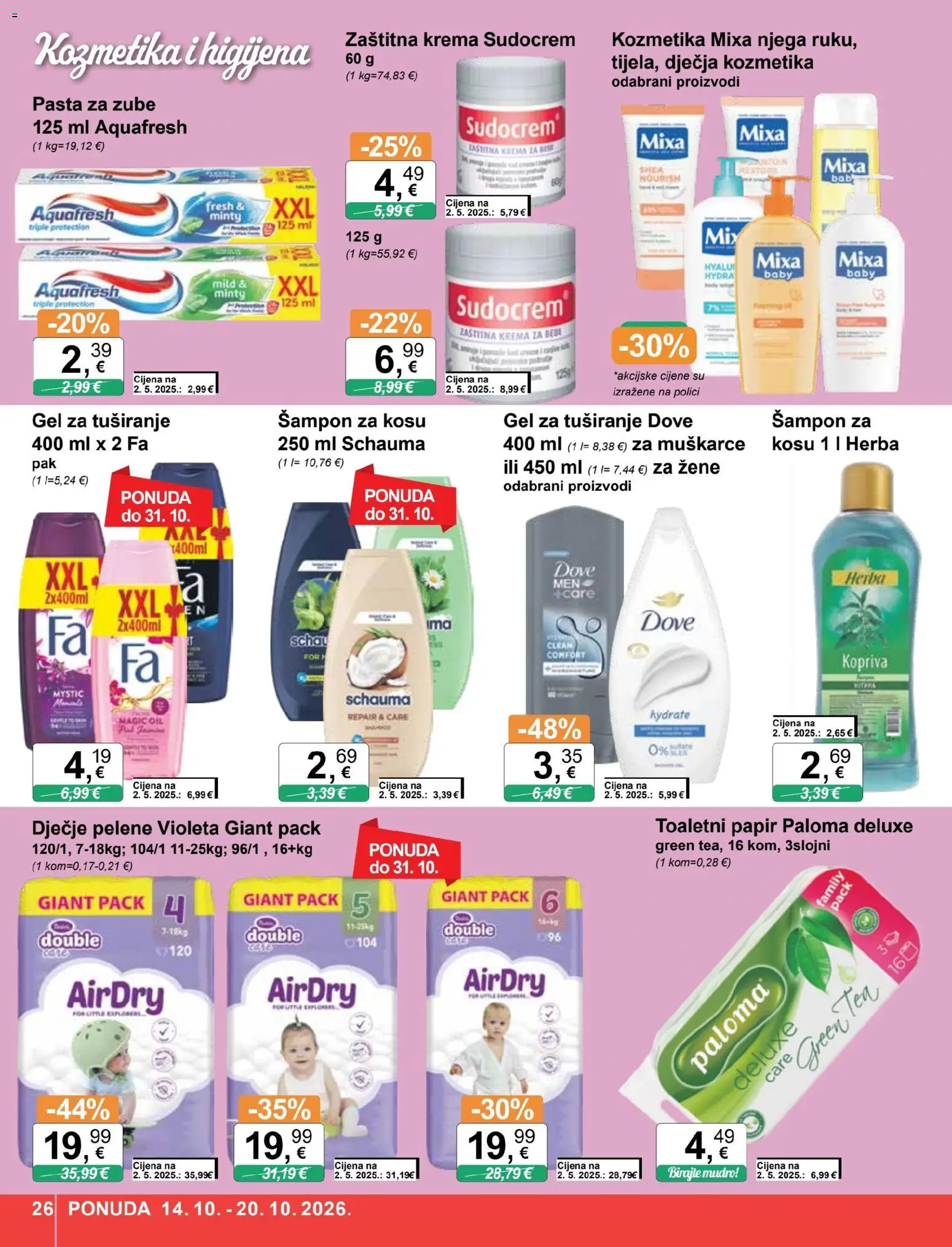 KTC katalog | vrijedi od 14.10.2026 | Stranica: 26 | Proizvodi: Pelene, Toaletni papir, Dječje pelene, Violeta