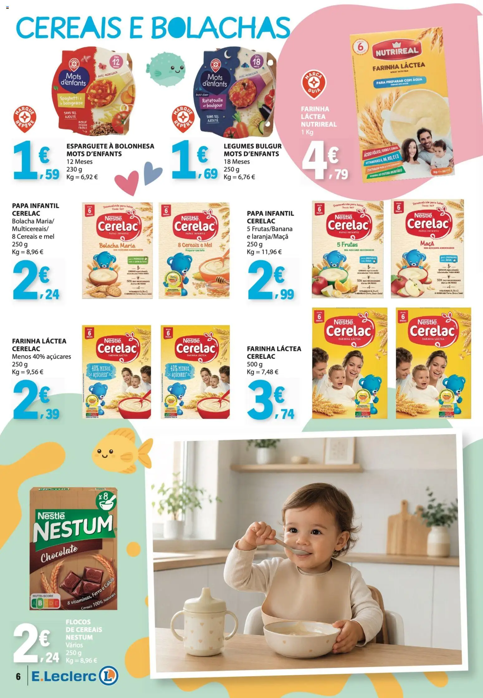 E.Leclerc Folheto Bebé Verão │ válido de 26.05.2026 | Página: 6 | Produtos: Nestum chocolate, Cálcio, Leite, Flocos