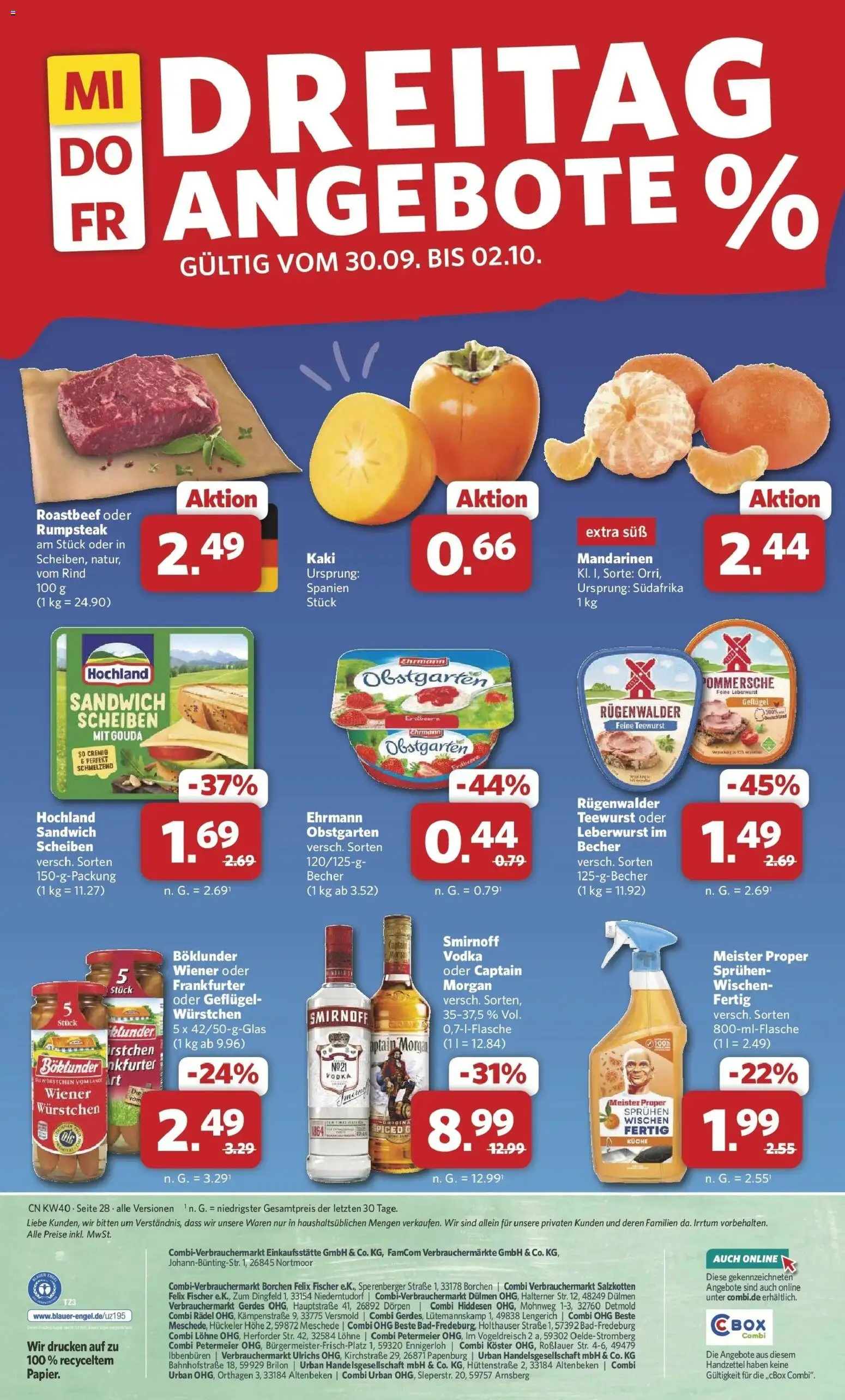 Combi Prospekt Detmold (ab 28.09.2026) zum Blättern | Seite: 28 | Produkte: Mandarinen, Roastbeef, Smirnoff, Kaki
